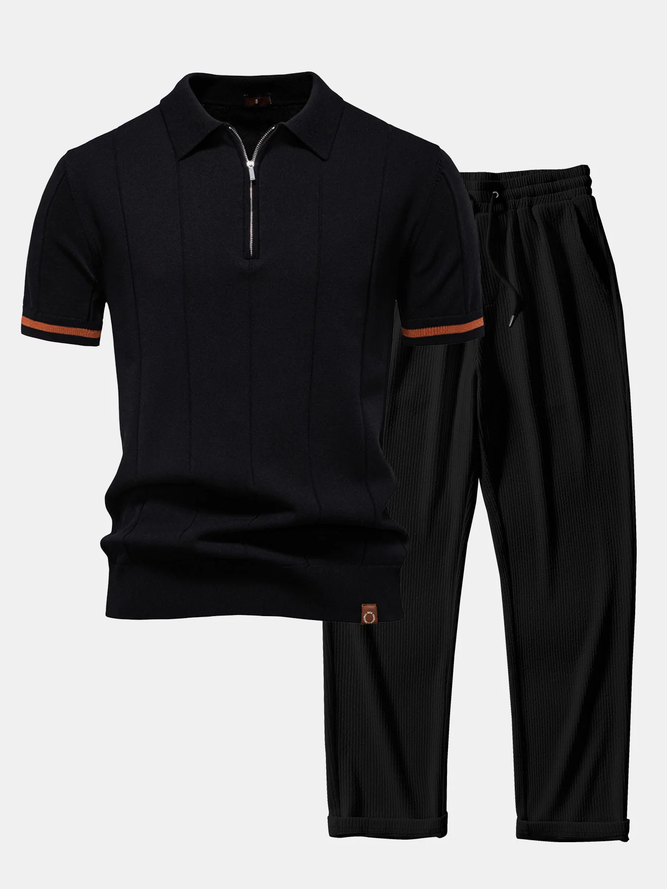 Kontrastbesatz Reißverschluss Strick-Poloshirt & gerade geschnittene gerippte Hose - Image 2