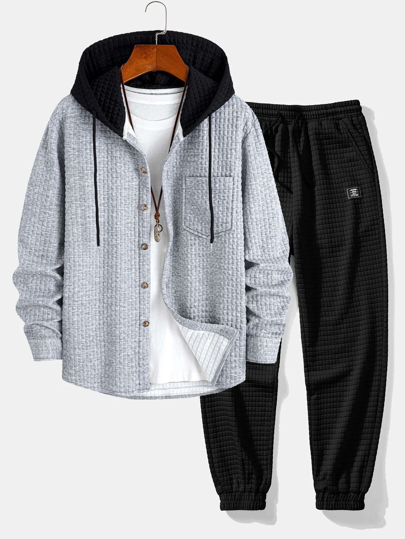 Contrast Waffle Hooded Shirt & Drawstring Waffle Jogger Pants