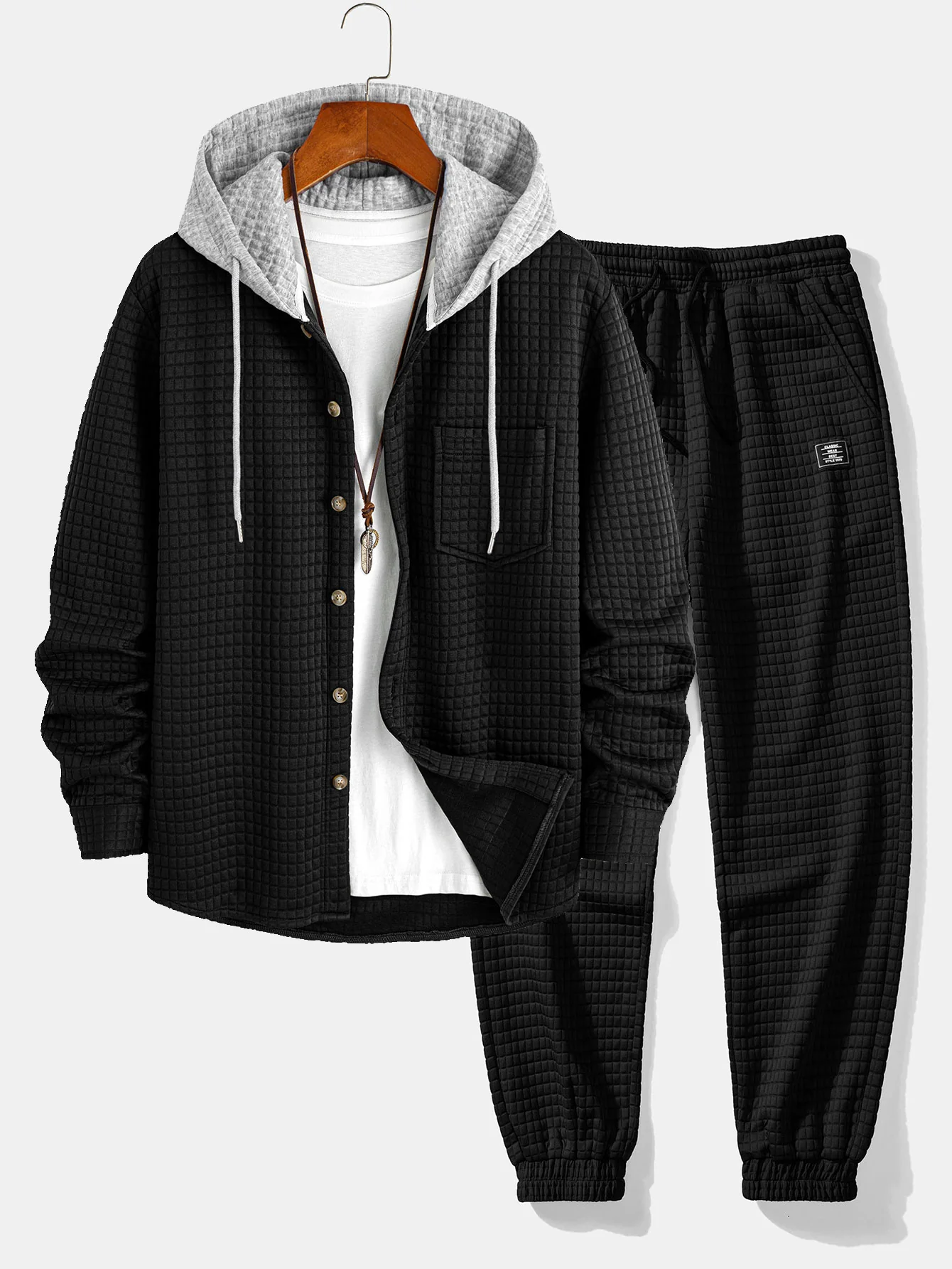 Contrast Waffle Hooded Shirt & Drawstring Waffle Jogger Pants - Image 2