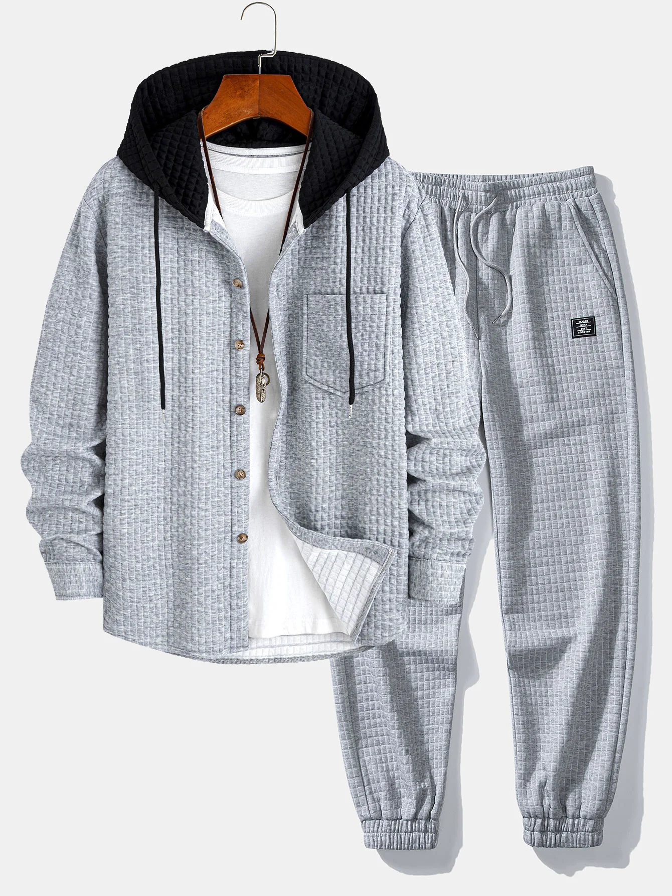 Contrast Waffle Hooded Shirt & Drawstring Waffle Jogger Pants - Image 3