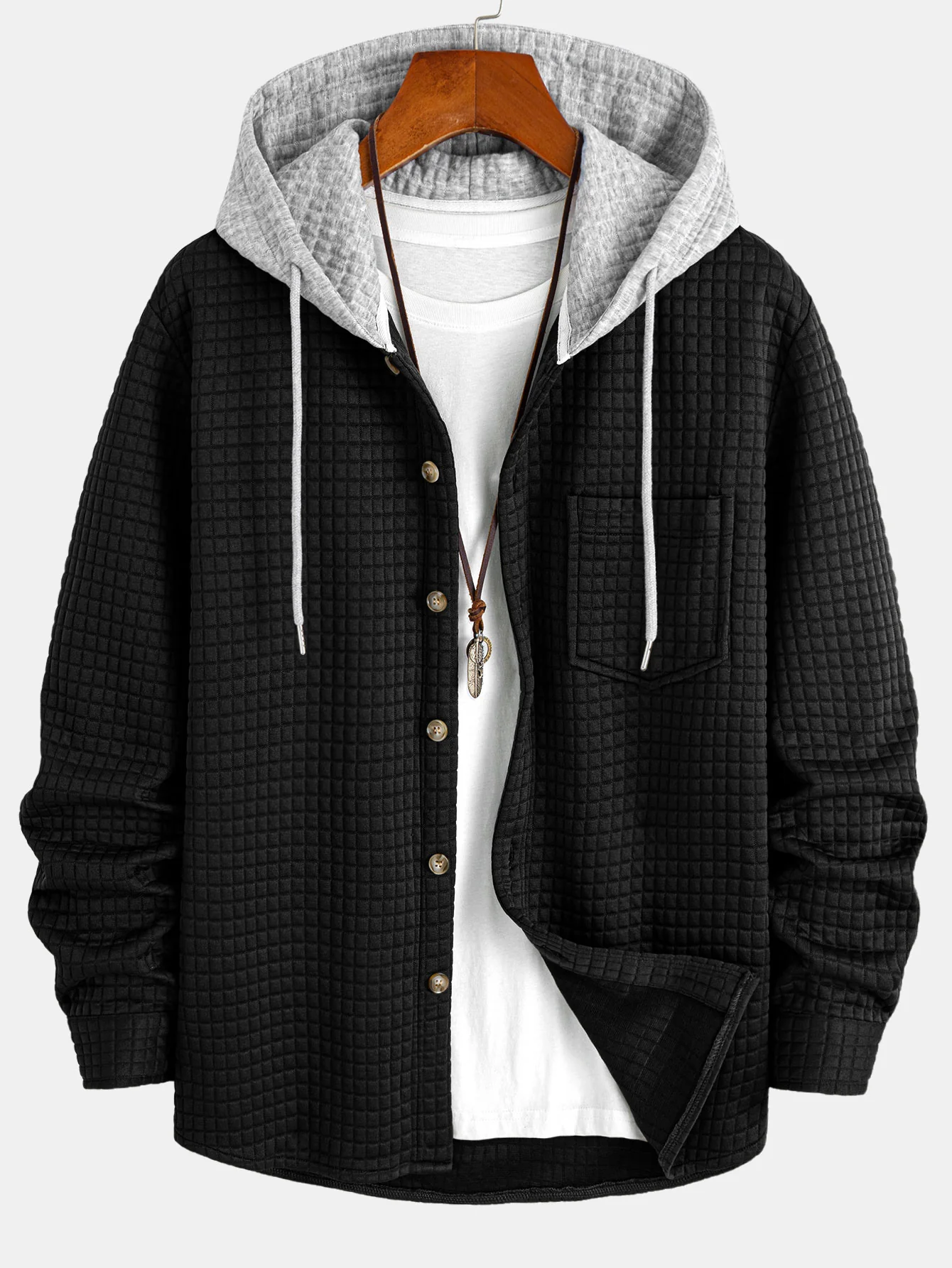 Contrast Waffle Hooded Shirt - Image 3