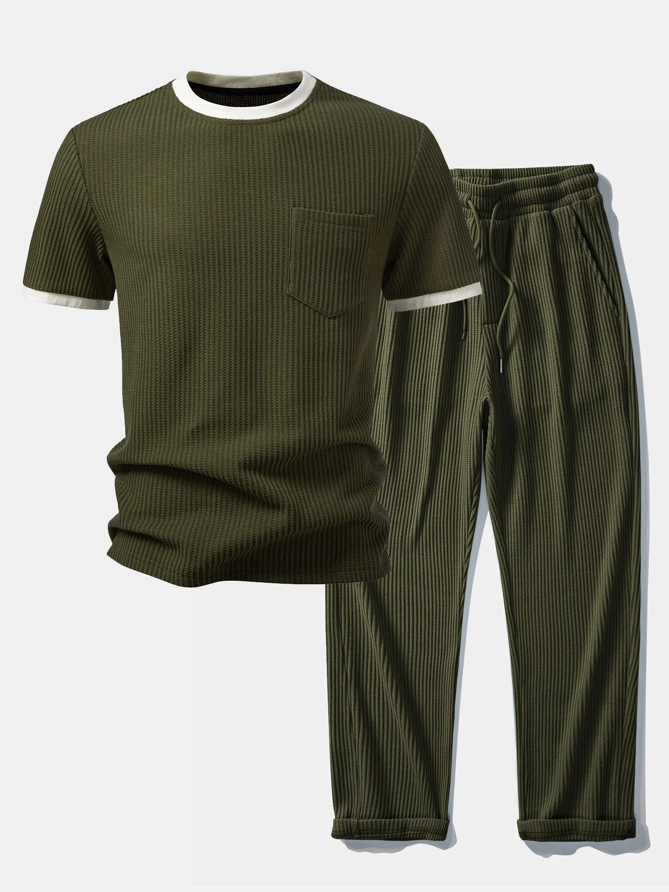Contrast Waffle T-Shirt With Pocket & Drawstring Knitted Waffle Pants - Image 2