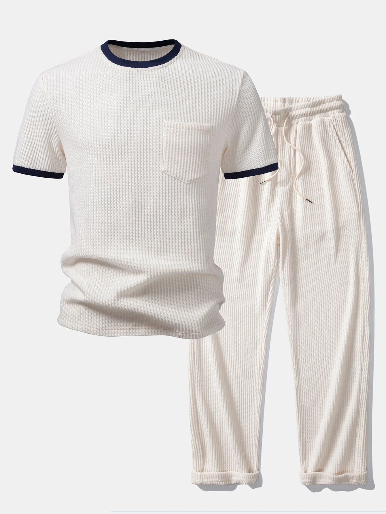 Contrast Waffle T-Shirt With Pocket & Drawstring Knitted Waffle Pants - Image 3