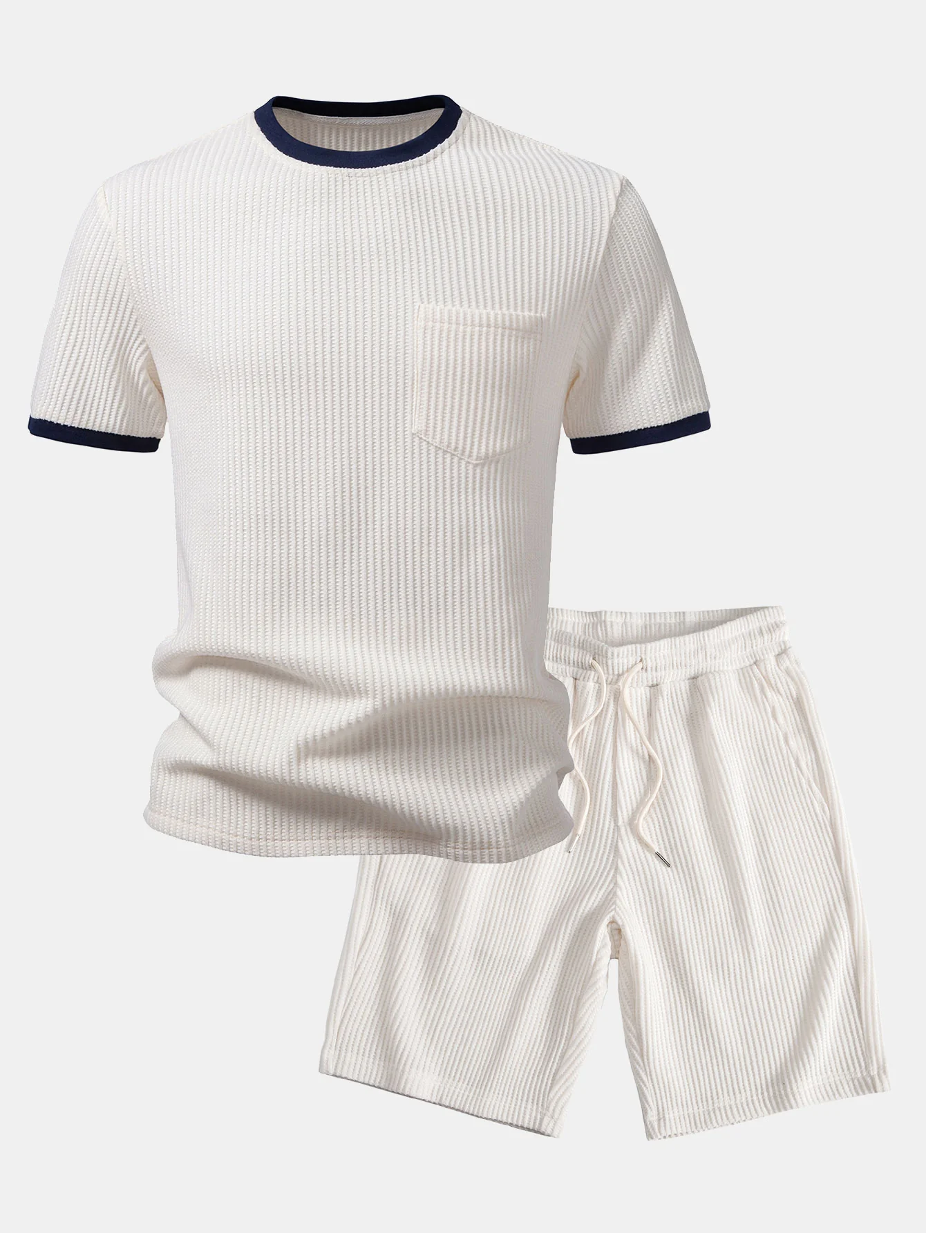 Contrast Waffle T-Shirt With Pocket & Drawstring Knit Waffle Shorts - Image 2