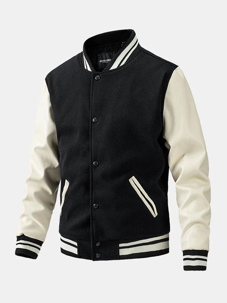 Kontrast-Woll-Look PU-Baseballjacke - Image 3