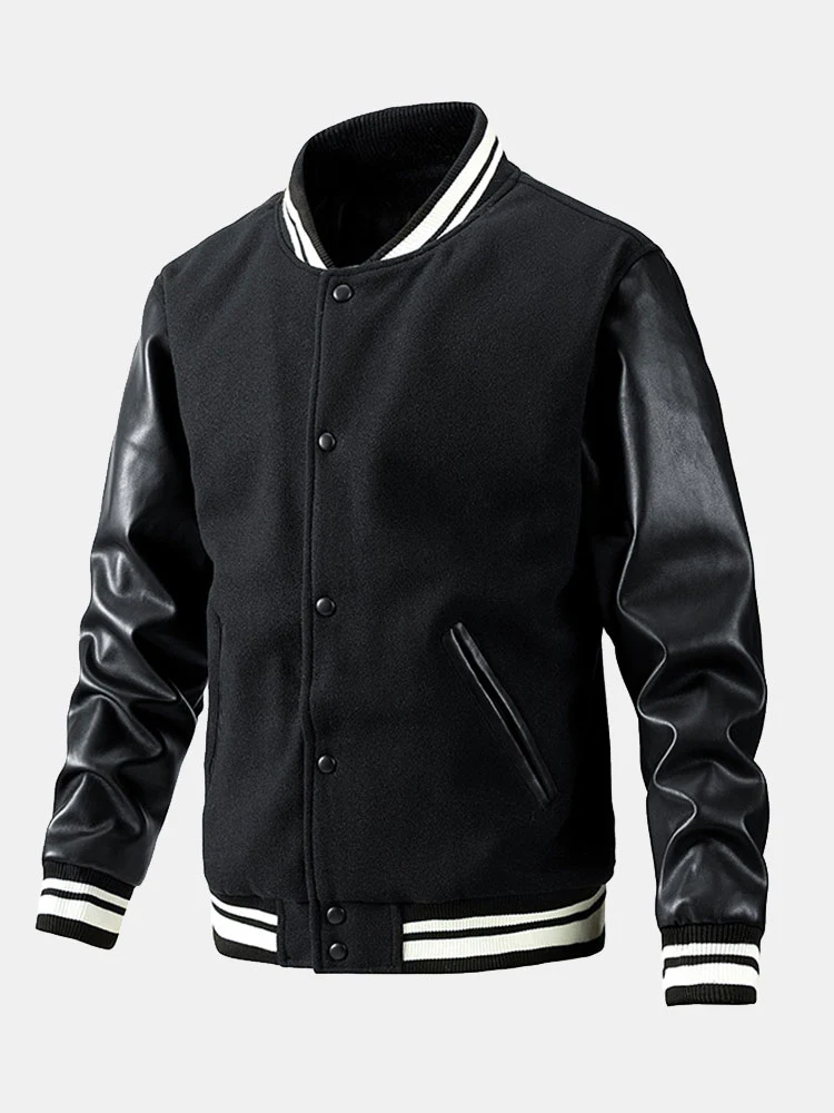 Kontrast-Woll-Look PU-Baseballjacke - Image 5
