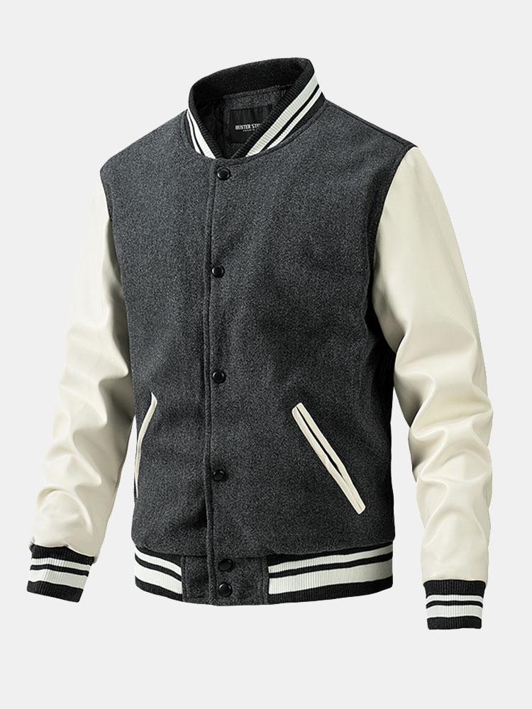 Kontrast-Woll-Look PU-Baseballjacke - Image 7