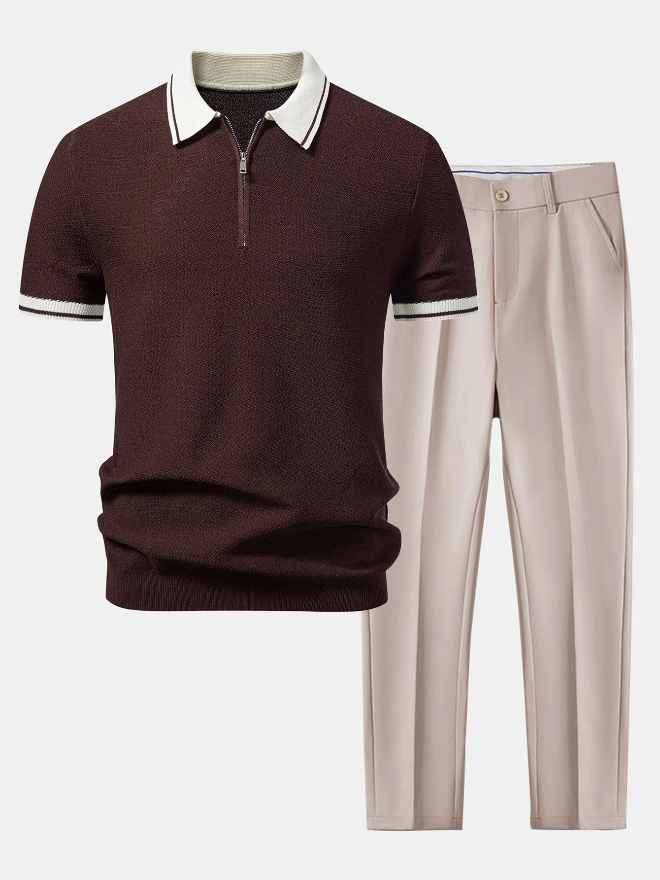 Contrast Zipper Knit Polo & Slim Fit Tapered Trousers