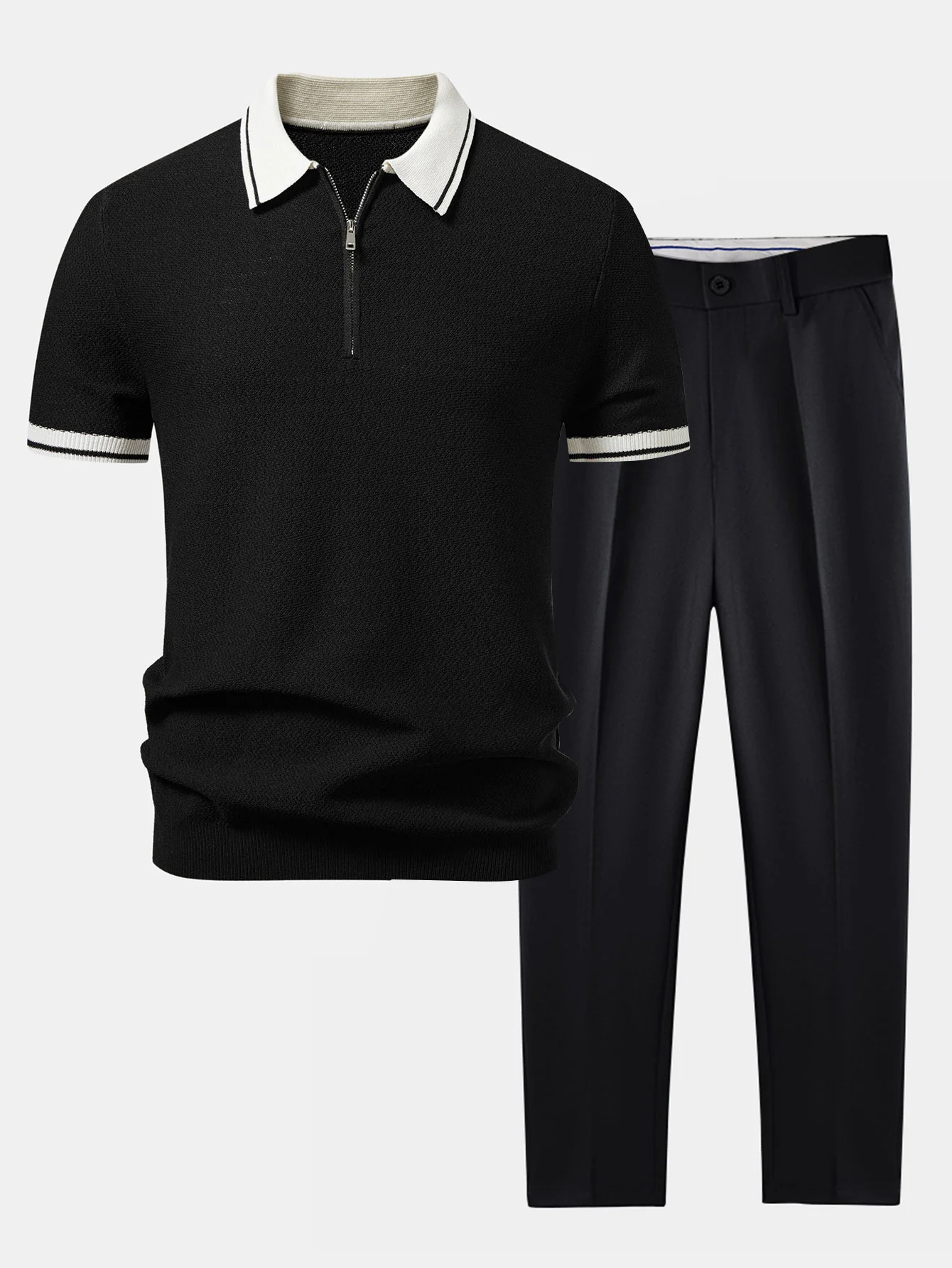 Contrast Zipper Knit Polo & Slim Fit Tapered Trousers - Image 2