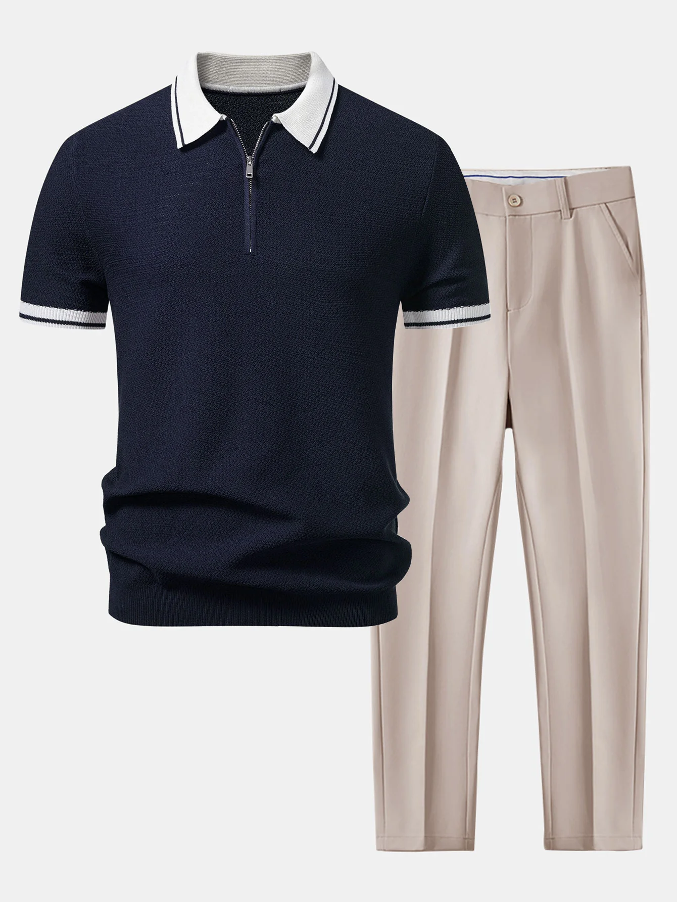 Contrast Zipper Knit Polo & Slim Fit Tapered Trousers - Image 4