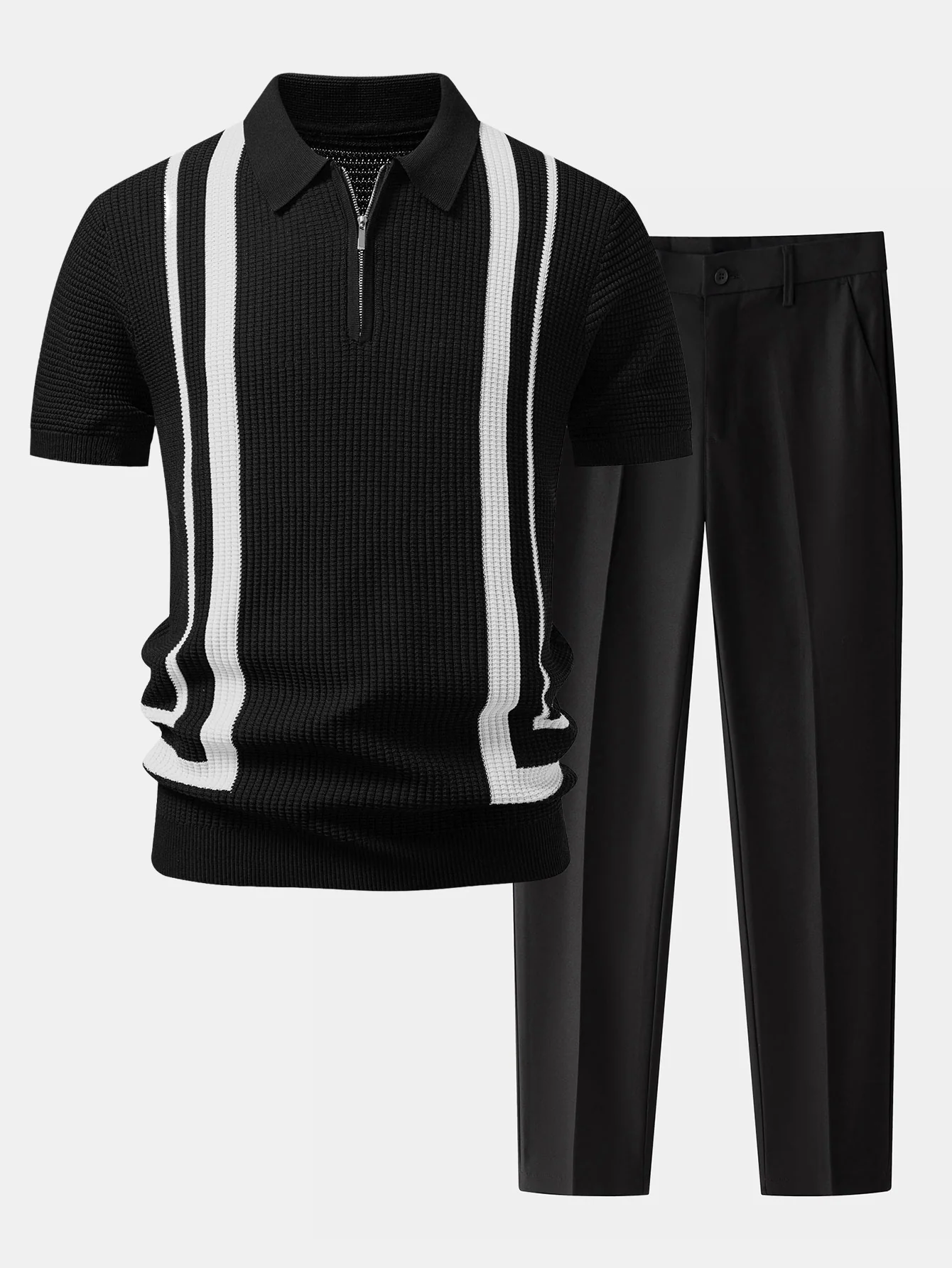 Contrast Waffle Zipper Knit Polo & Slim Fit Tapered Trousers - Image 2