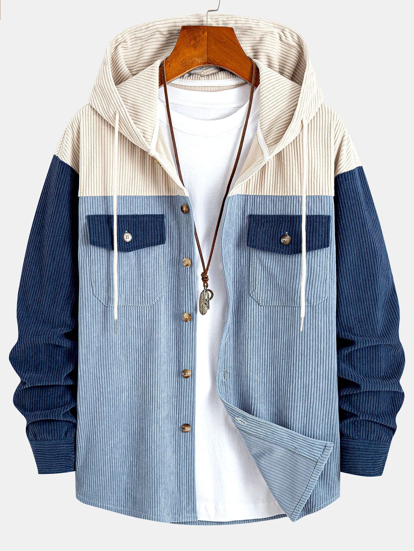 Relax Fit Corduroy Patchwork Hooded Shirt With Pockets - Image 3