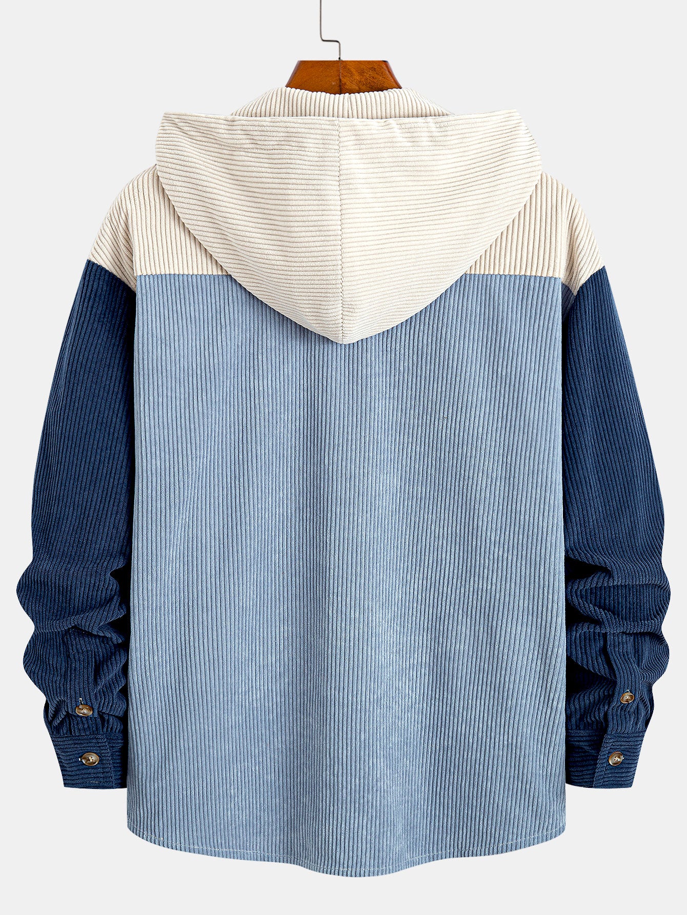Relax Fit Corduroy Patchwork Hooded Shirt With Pockets - Image 4