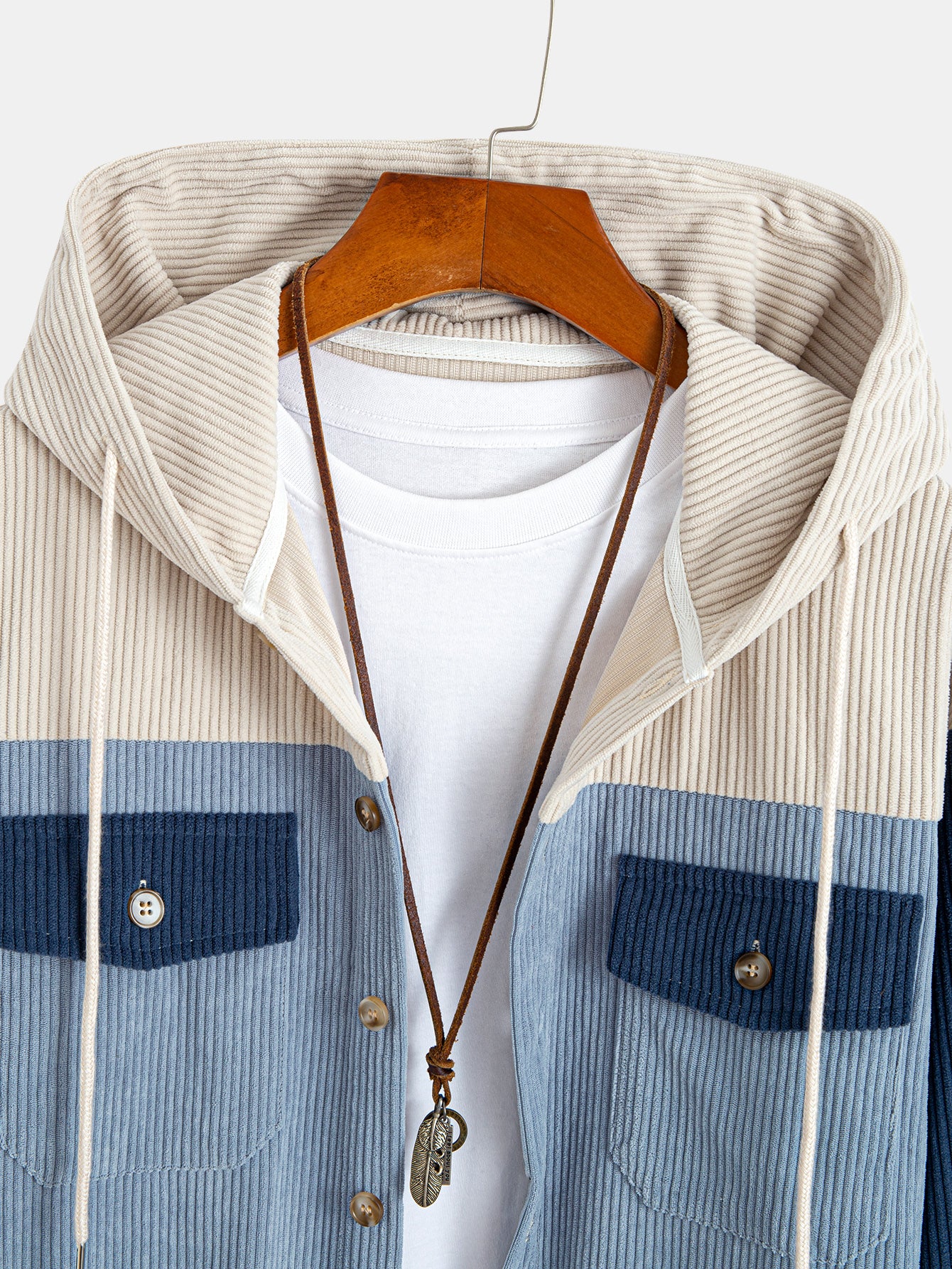 Relax Fit Corduroy Patchwork Hooded Shirt With Pockets - Image 8