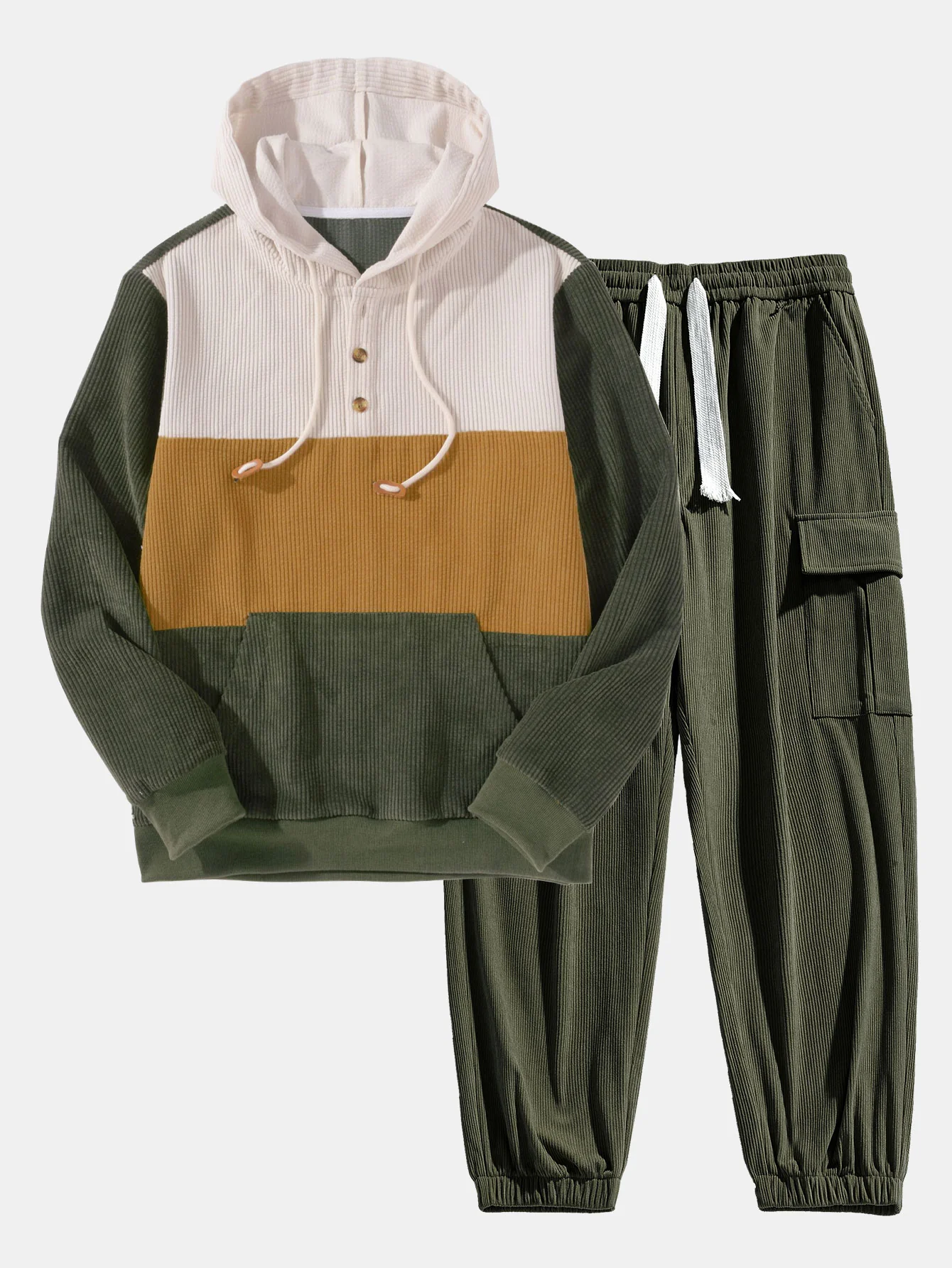 Corduroy-Patchwork-Hoodie & Kordelzug-Corduroy-Cargo-Jogginghosen