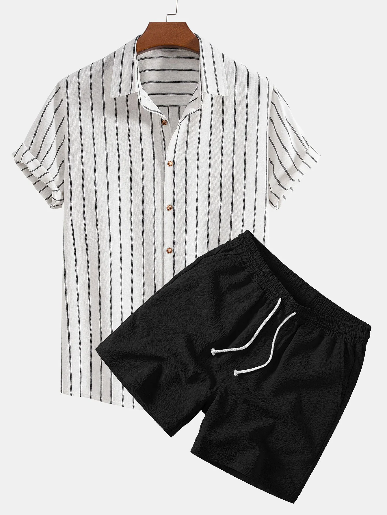 Cotton Blend Striped Button Up Shirt & Crinkle Textured Drawstring 5" Shorts