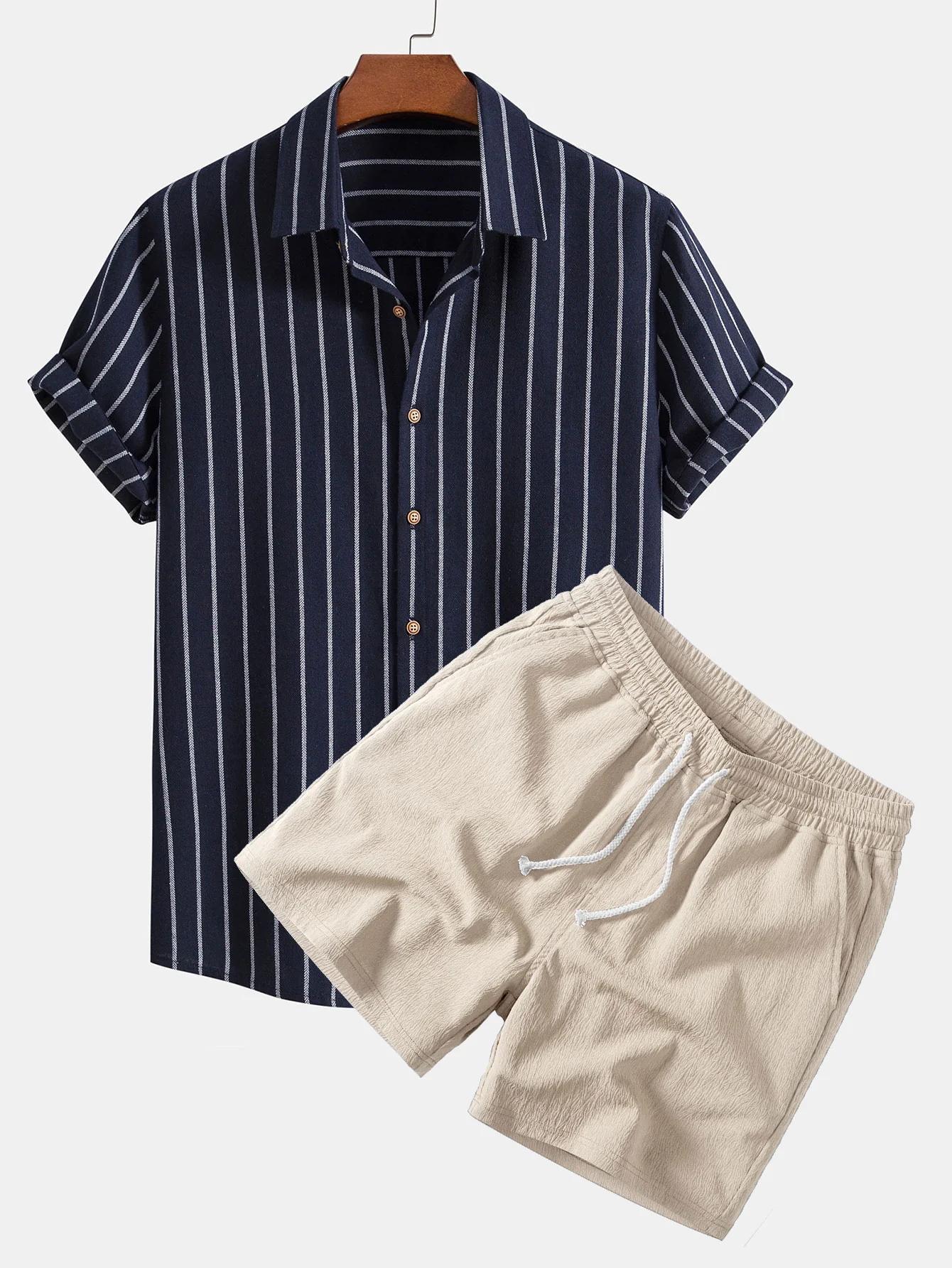 Cotton Blend Striped Button Up Shirt & Crinkle Textured Drawstring 5" Shorts - Image 2