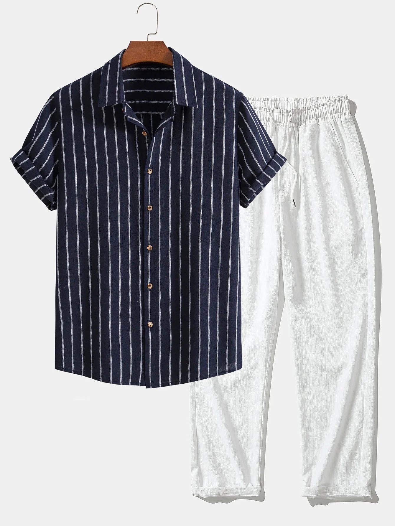 Cotton Blend Striped Button Up Shirt & Crinkle Textured Straight Leg Pants - Image 2
