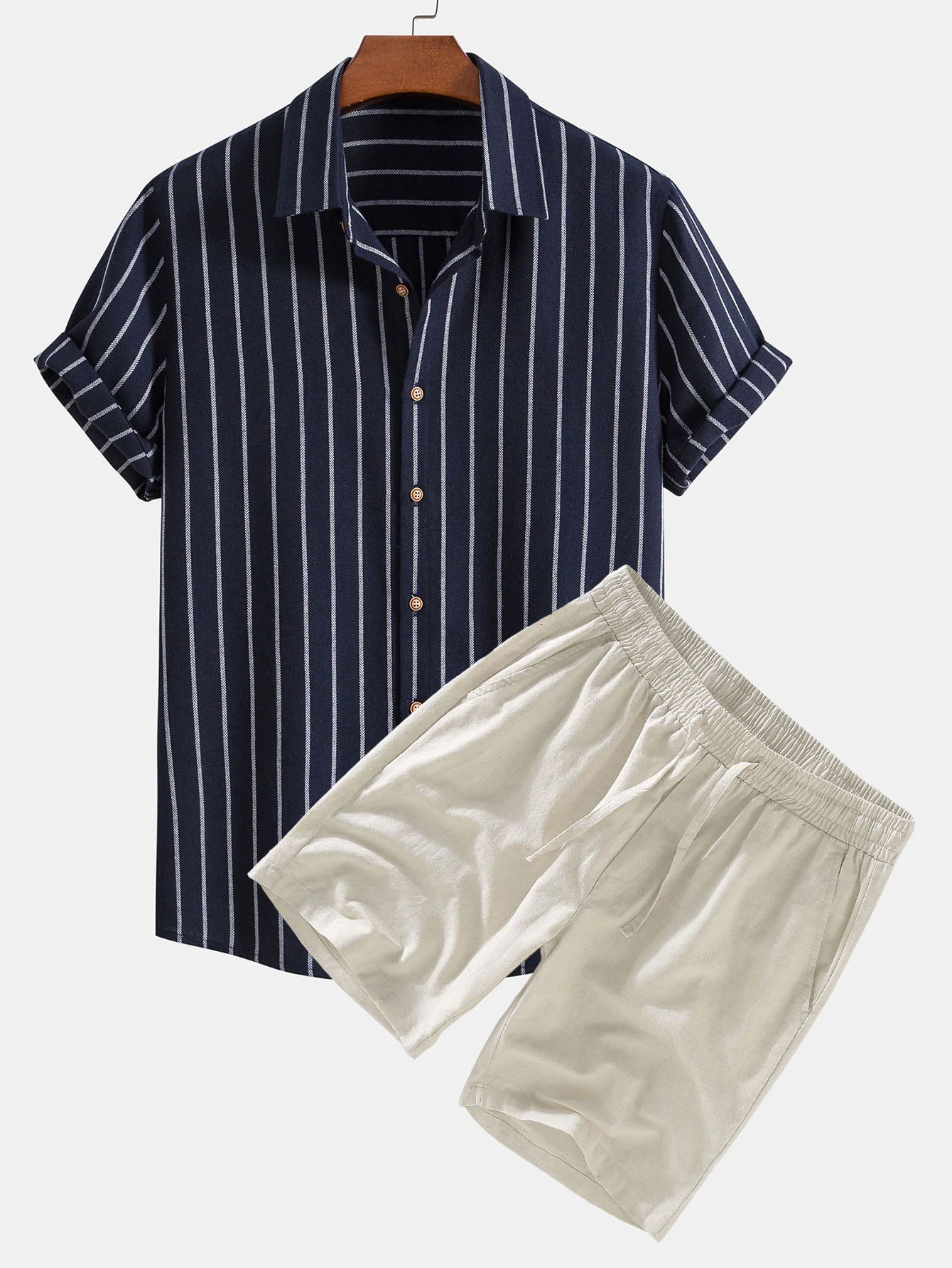 Baumwollmischung gestreifte Button-Up-Hemd & Leinen Shorts mit Kordelzug - Image 2