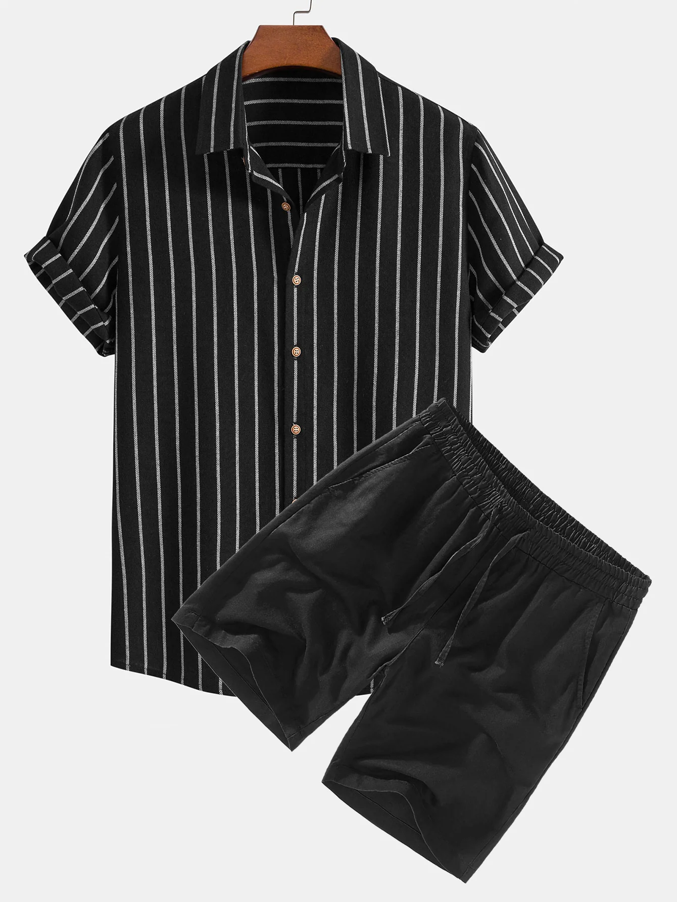 Baumwollmischung gestreifte Button-Up-Hemd & Leinen Shorts mit Kordelzug - Image 3