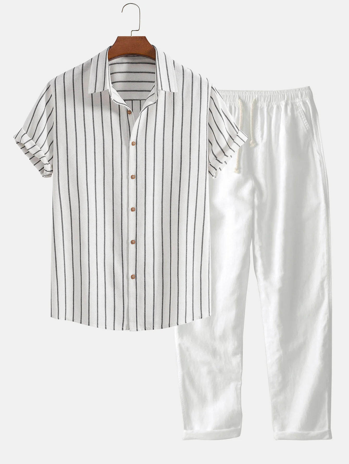 Baumwollmischung gestreifte Button-Up-Hemd & gerade geschnittene Leinenhose - Image 2