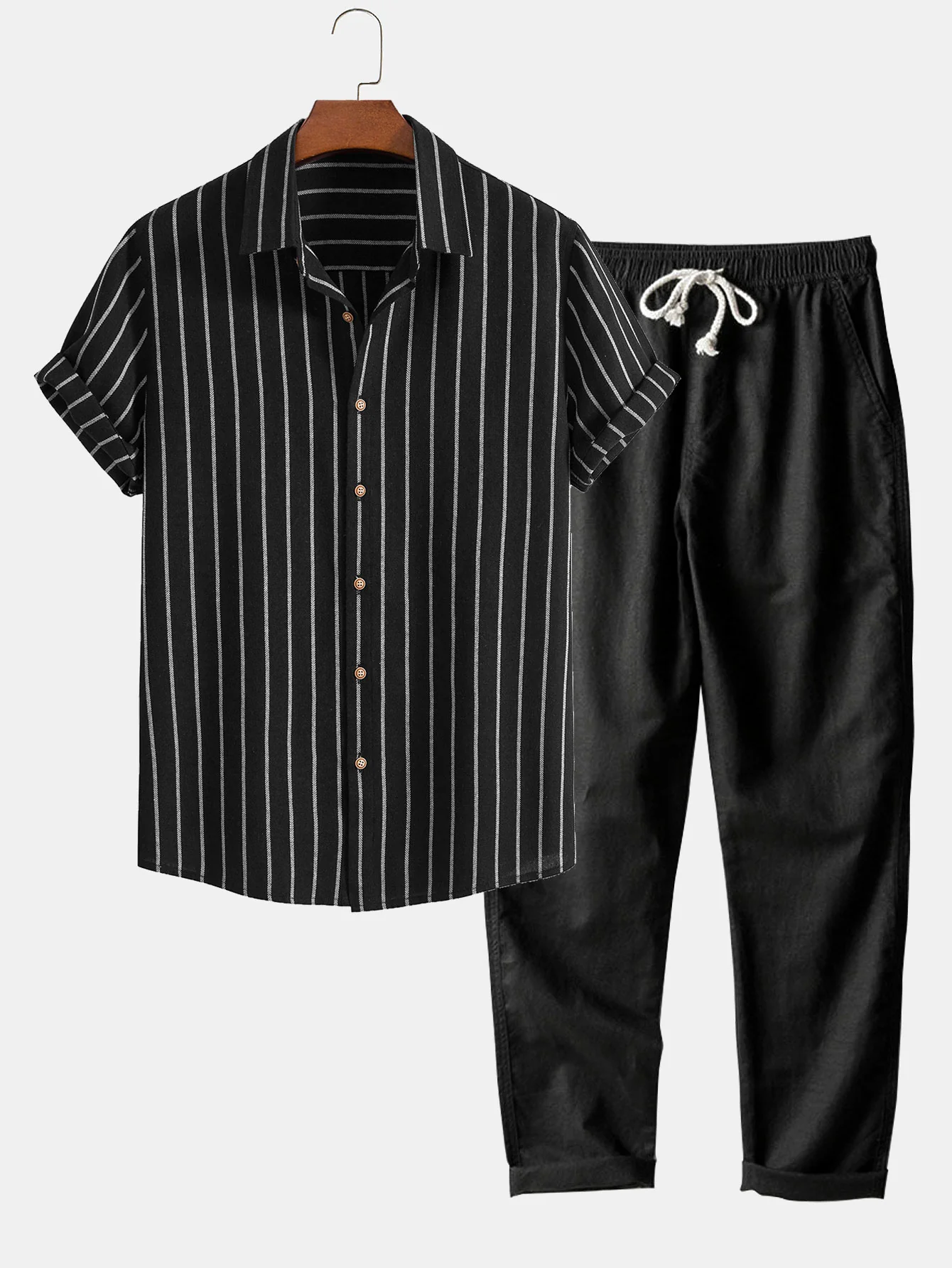 Baumwollmischung gestreifte Button-Up-Hemd & gerade geschnittene Leinenhose - Image 3