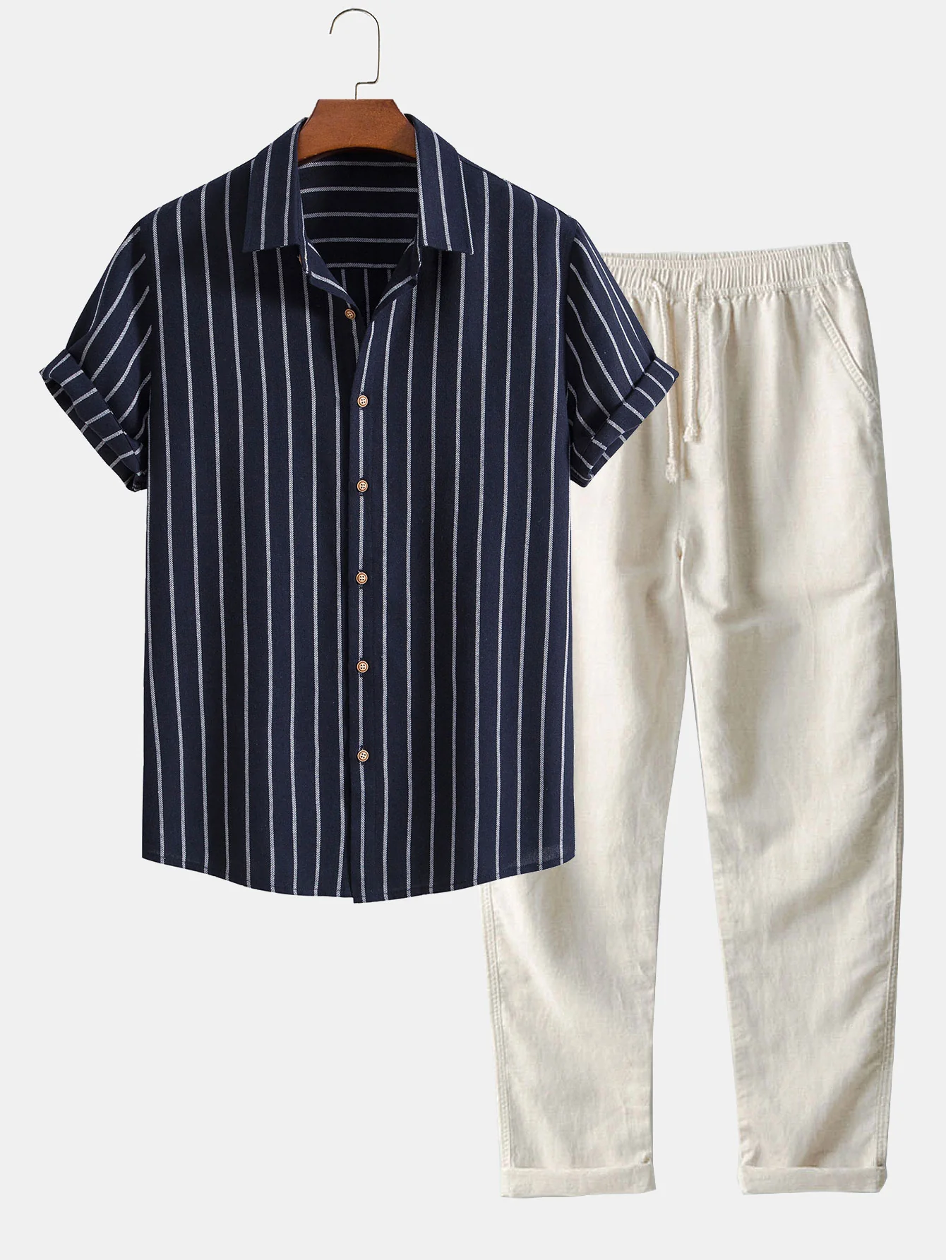 Baumwollmischung gestreifte Button-Up-Hemd & gerade geschnittene Leinenhose - Image 4