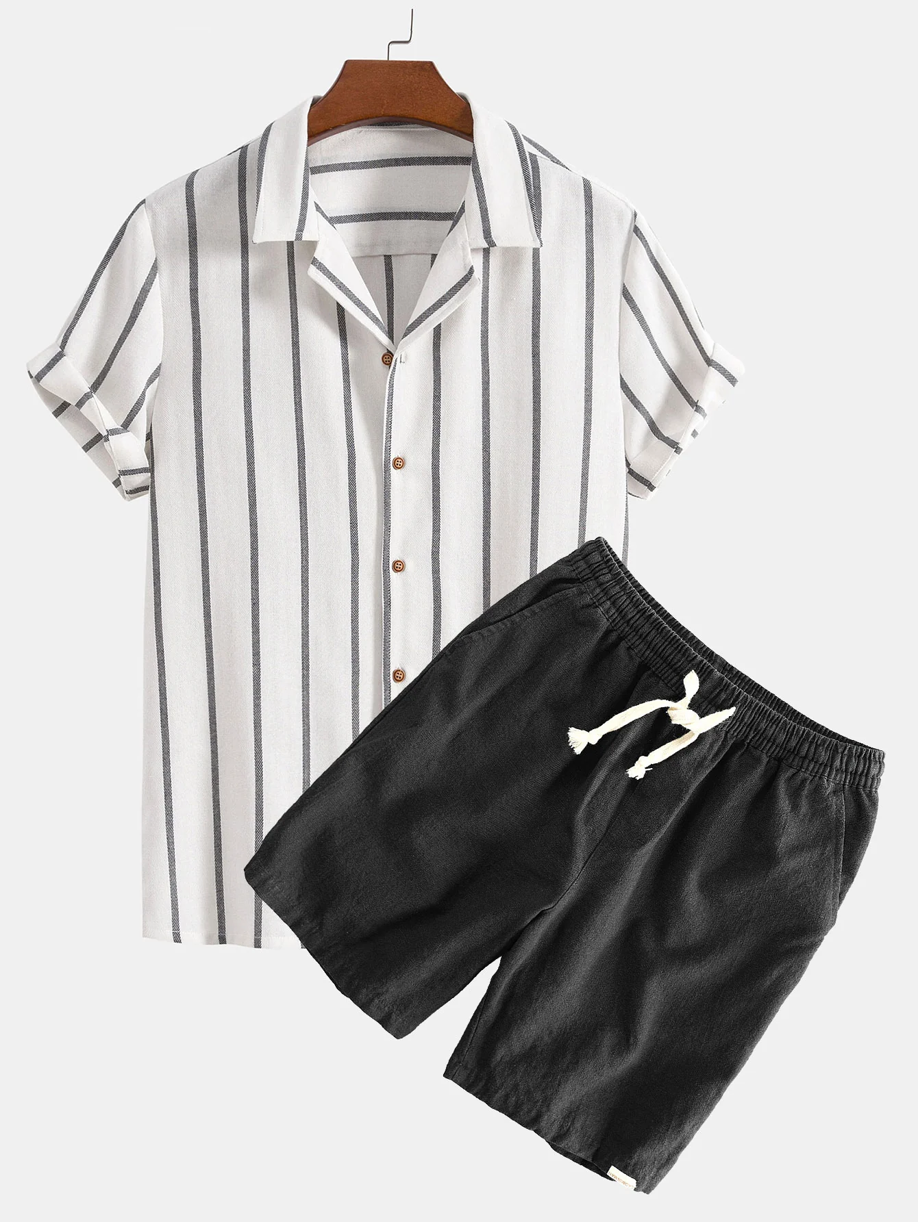 Baumwollmischung gestreiftes kubanisches Hemd & Leinen-Baumwollmischung Shorts mit Kordelzug - Image 2