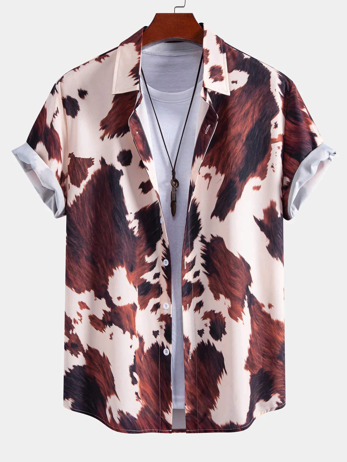 Cow Print Button Up Shirt & Crinkle Textured Drawstring 5" Shorts - Image 2