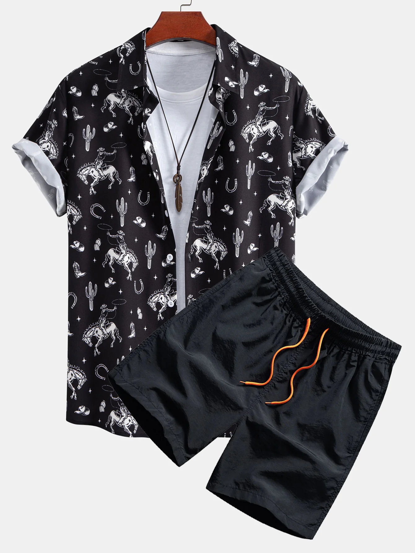 Cowboy Kaktus Print Knopfleiste Hemd & Swim Shorts