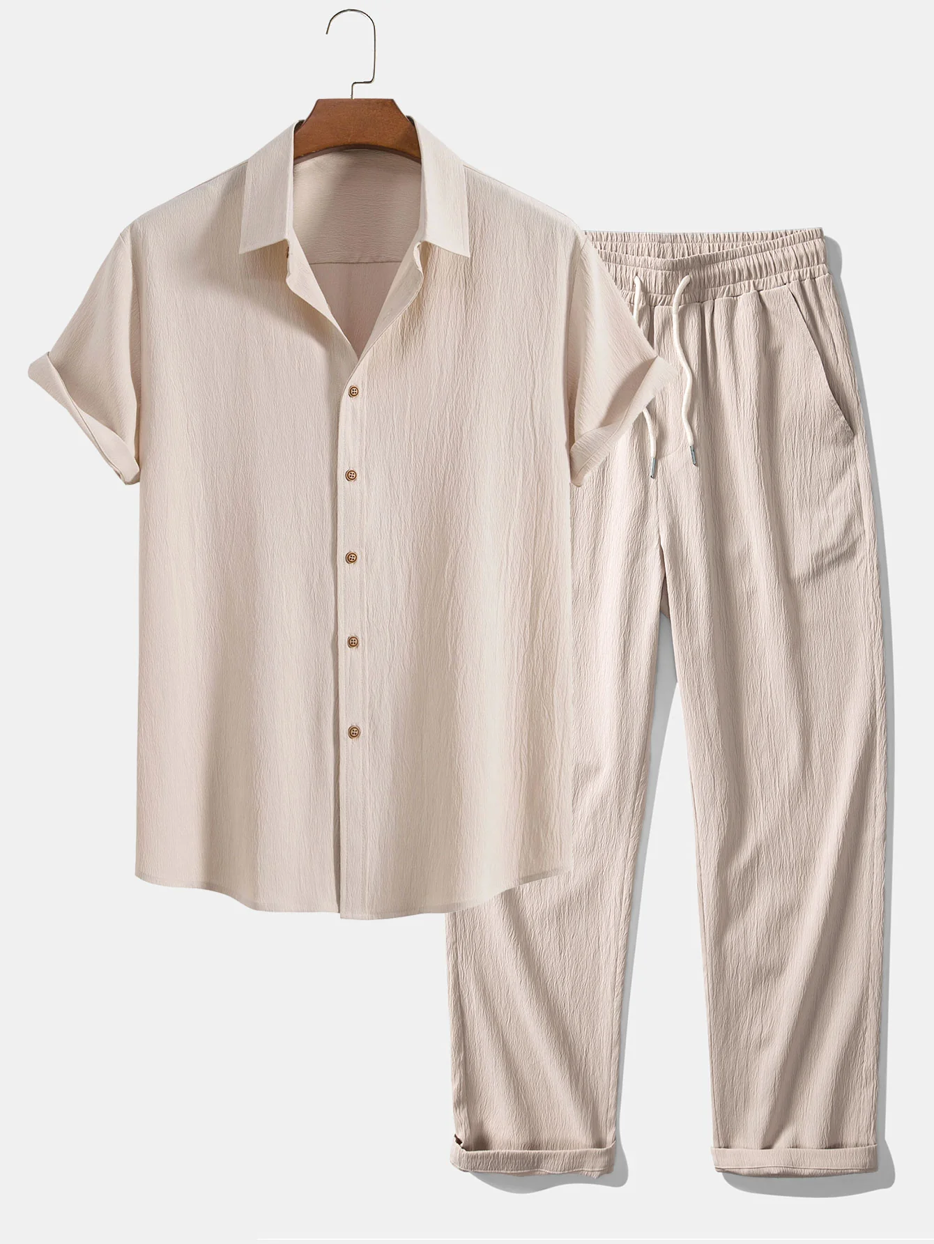 Crinkled Textured Button Up Shirt & Straight Leg Pants - Image 3