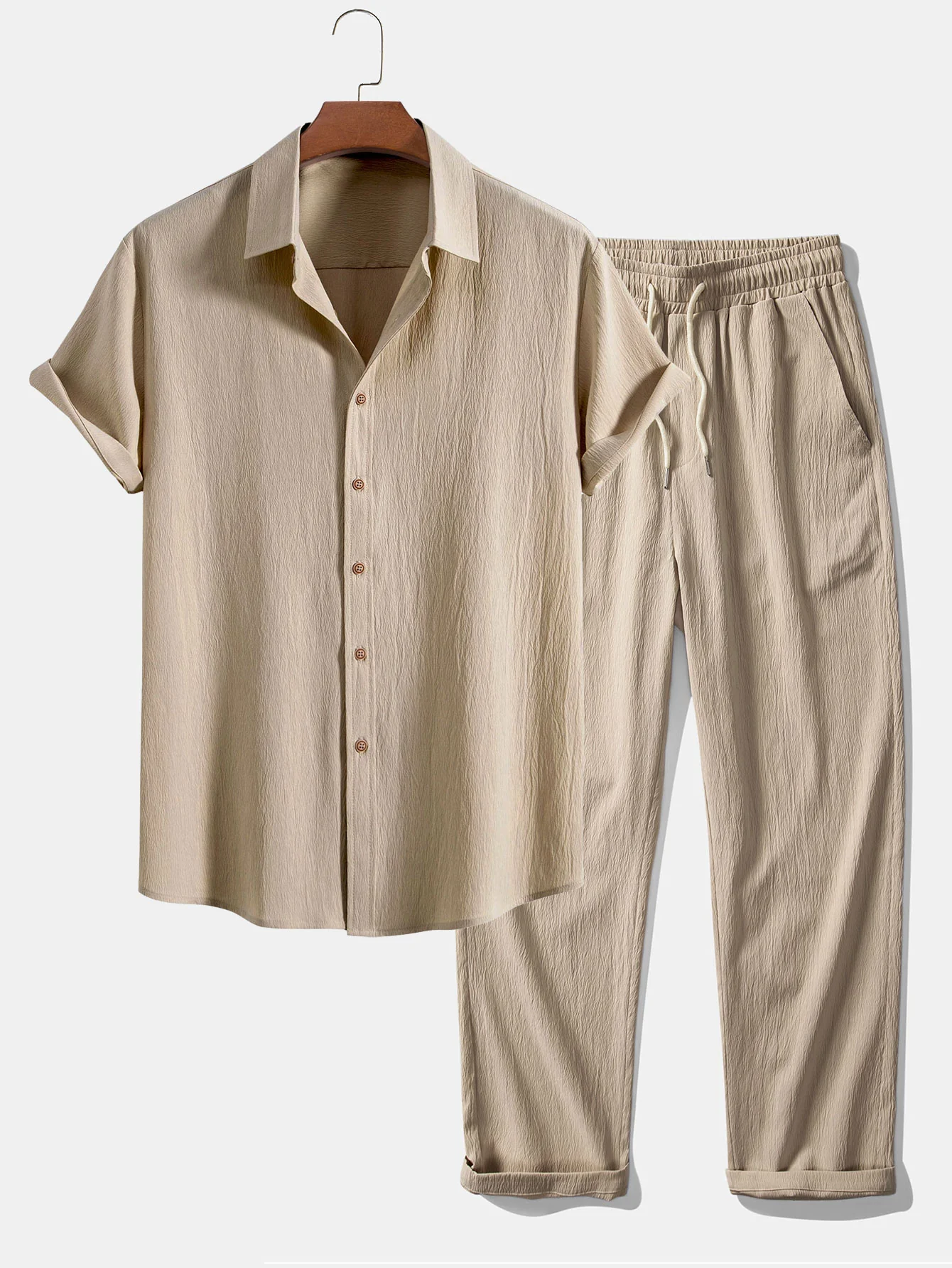 Crinkled Textured Button Up Shirt & Straight Leg Pants - Image 4