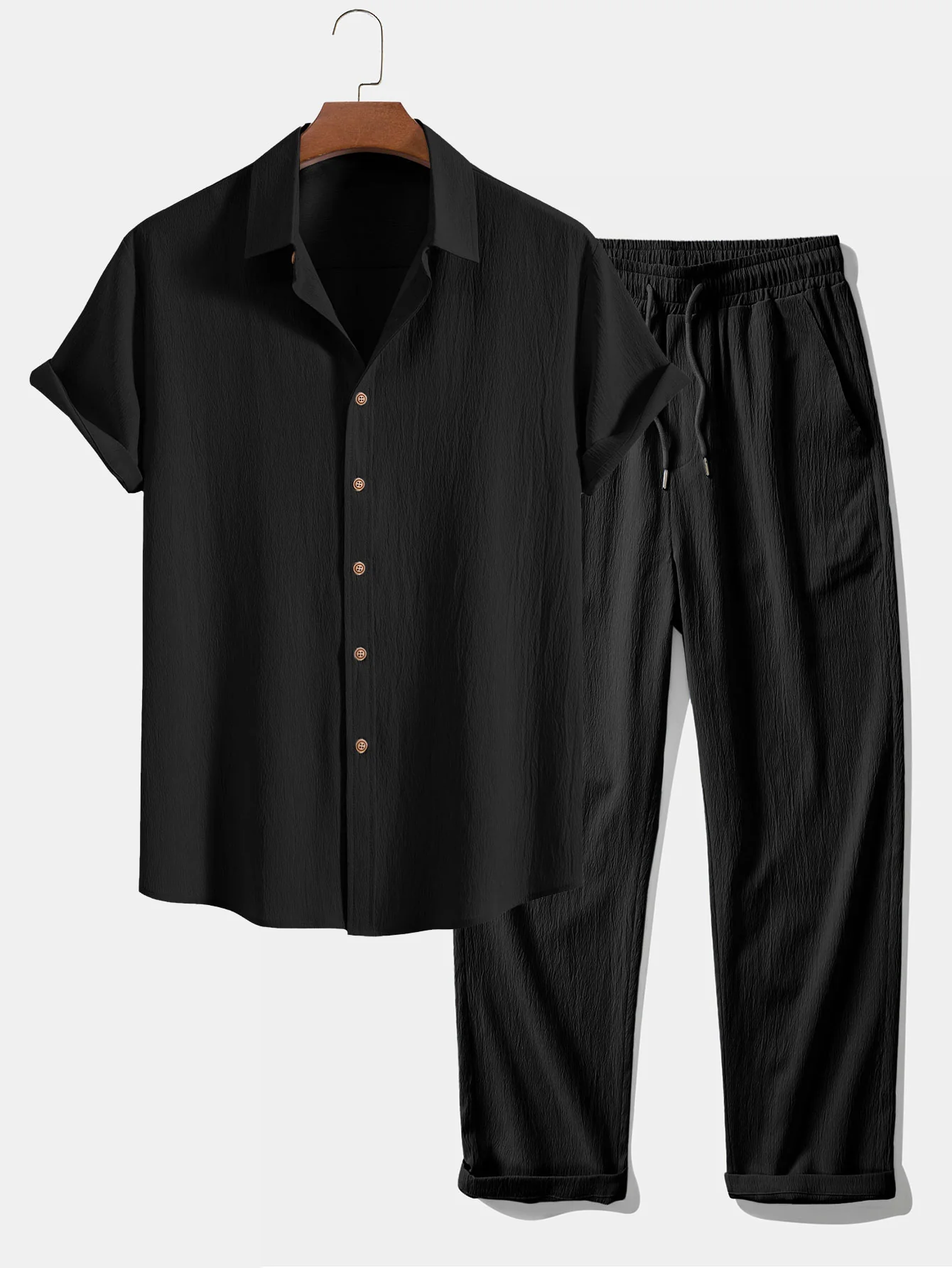 Crinkled Textured Button Up Shirt & Straight Leg Pants - Image 5