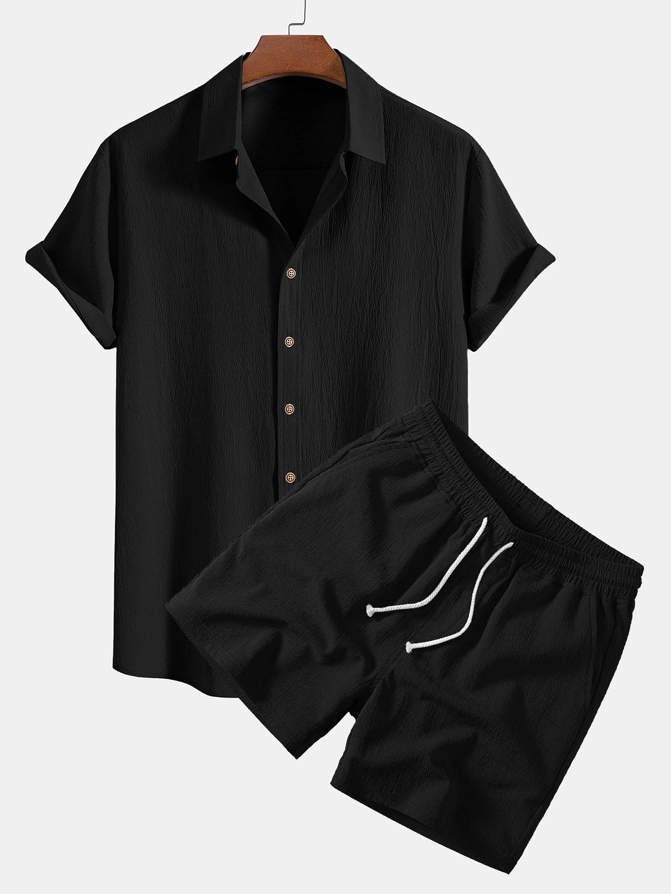 Crinkled Textured Shirt & Crinkle Textured Drawstring 5" Shorts - Image 2