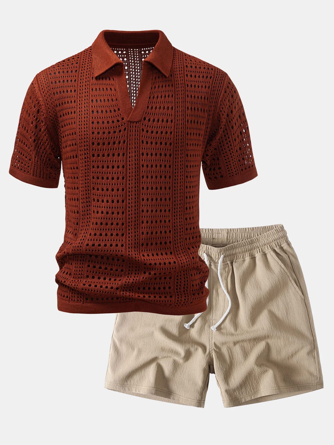 Crochet V Neck Polo Shirt & Crinkle Textured Drawstring 5" Shorts