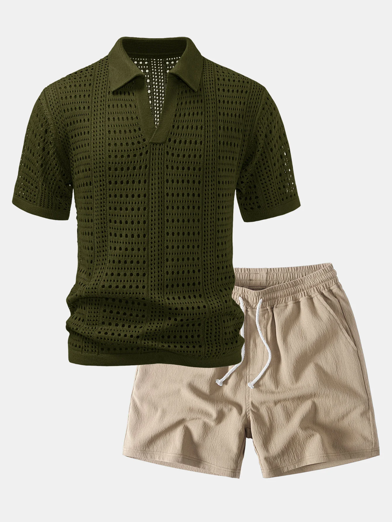 Crochet V Neck Polo Shirt & Crinkle Textured Drawstring 5" Shorts - Image 2