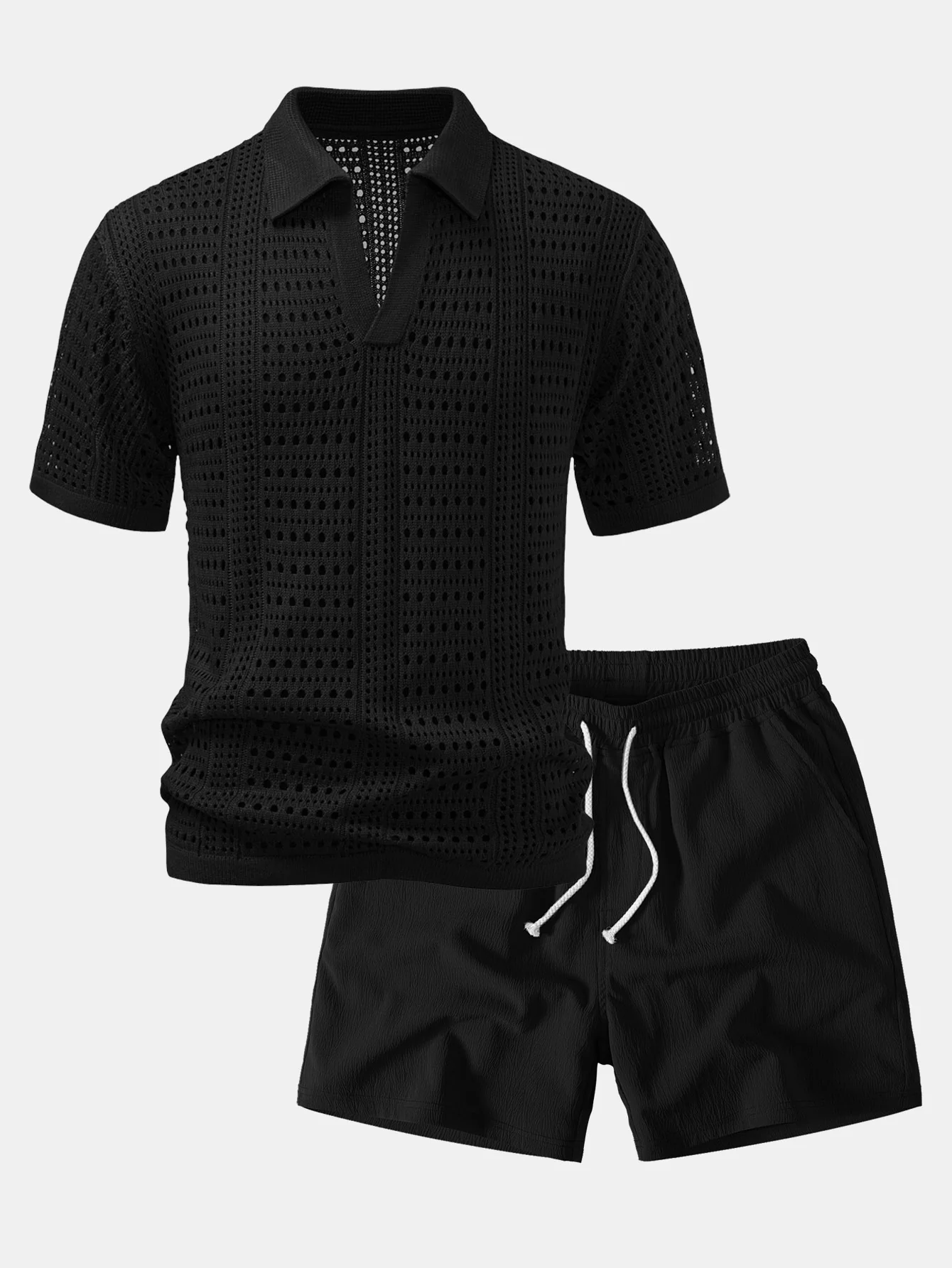 Crochet V Neck Polo Shirt & Crinkle Textured Drawstring 5" Shorts - Image 3