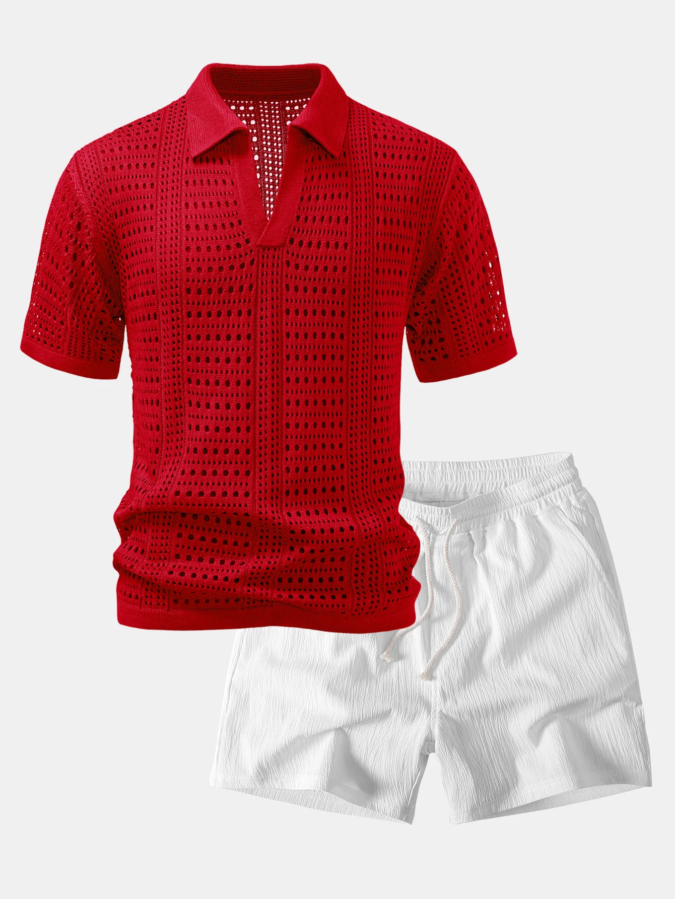 Crochet V Neck Polo Shirt & Crinkle Textured Drawstring 5" Shorts - Image 4