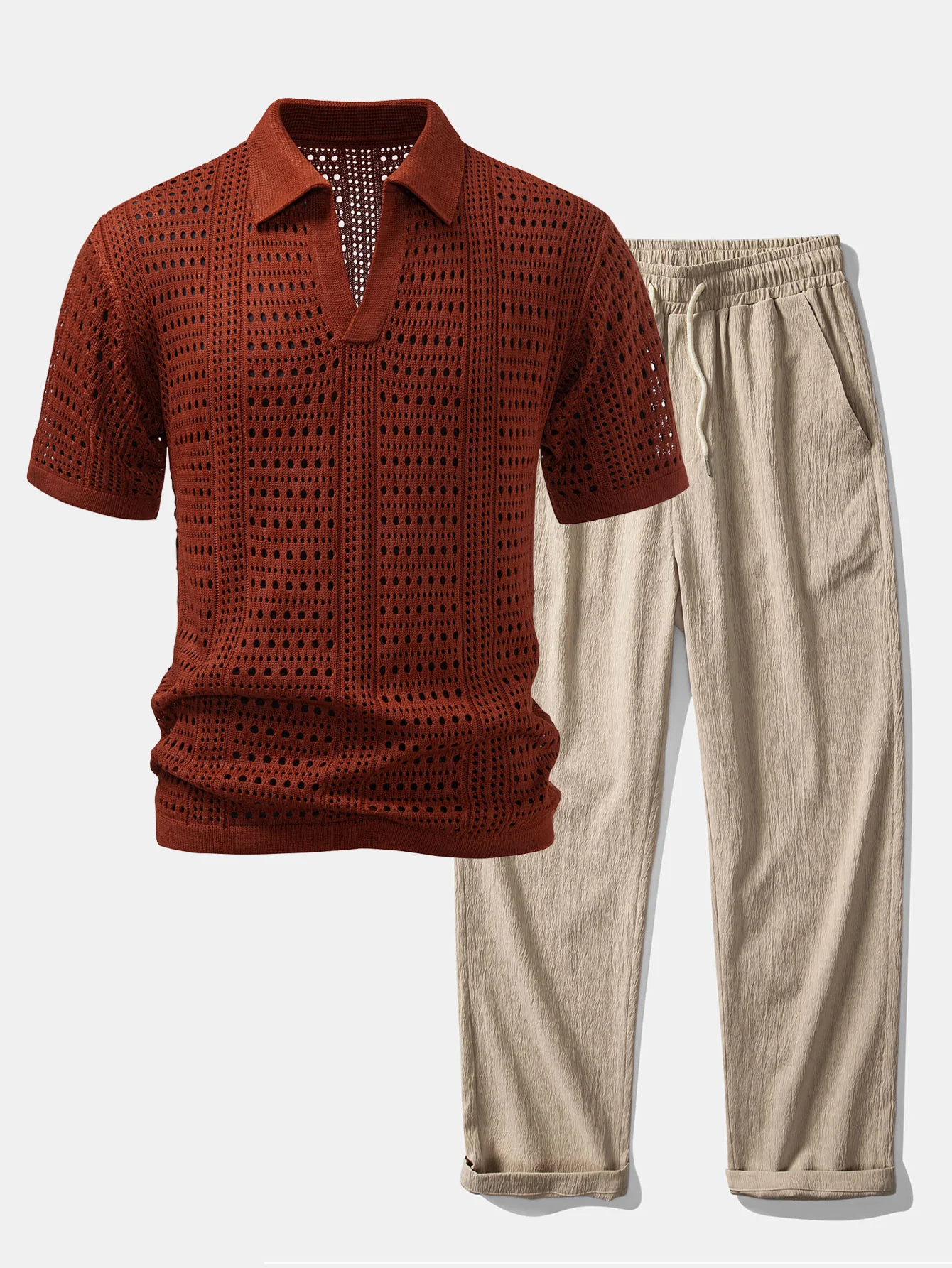 Crochet V Neck Polo Shirt & Crinkle Textured Straight Leg Pants