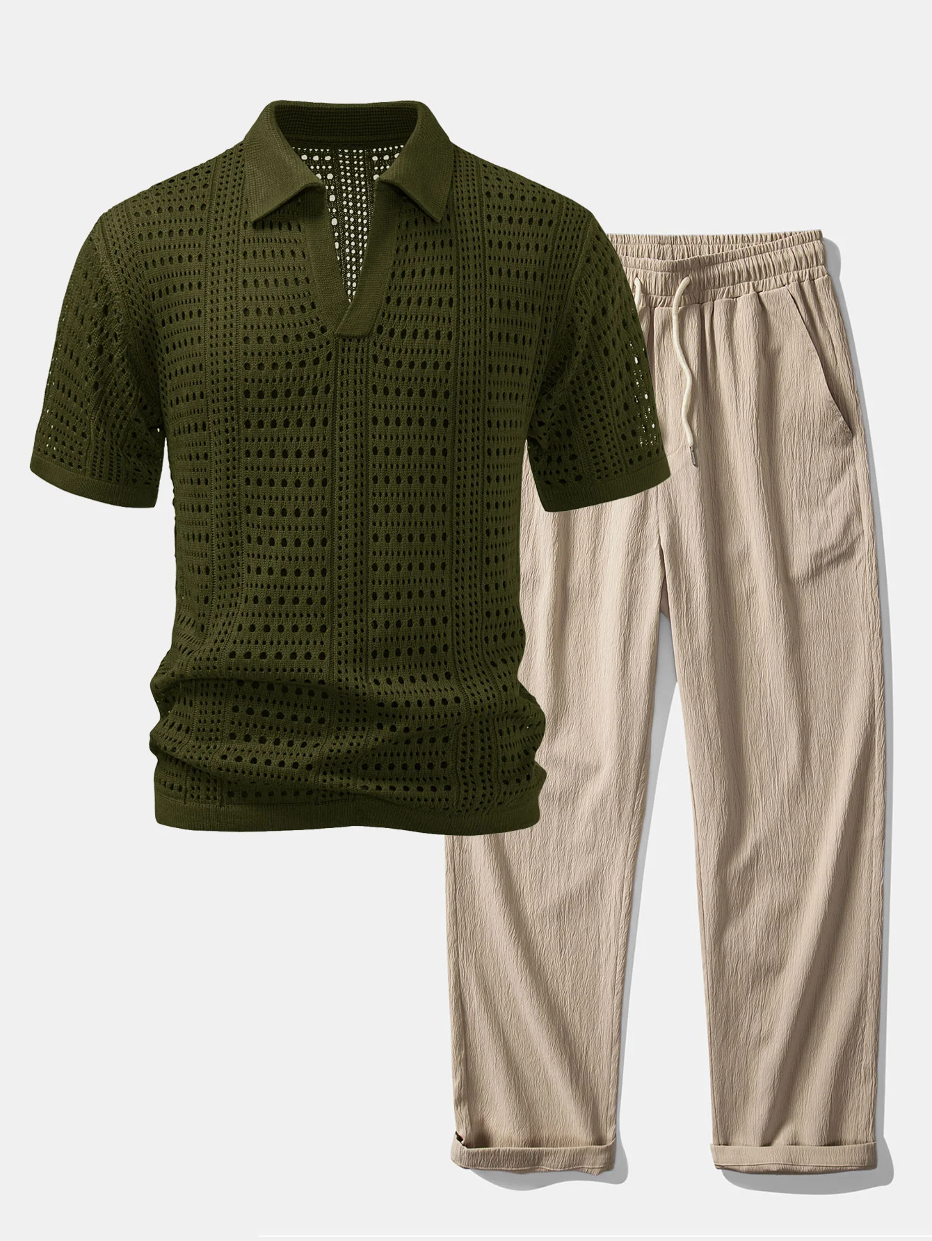 Crochet V Neck Polo Shirt & Crinkle Textured Straight Leg Pants - Image 2