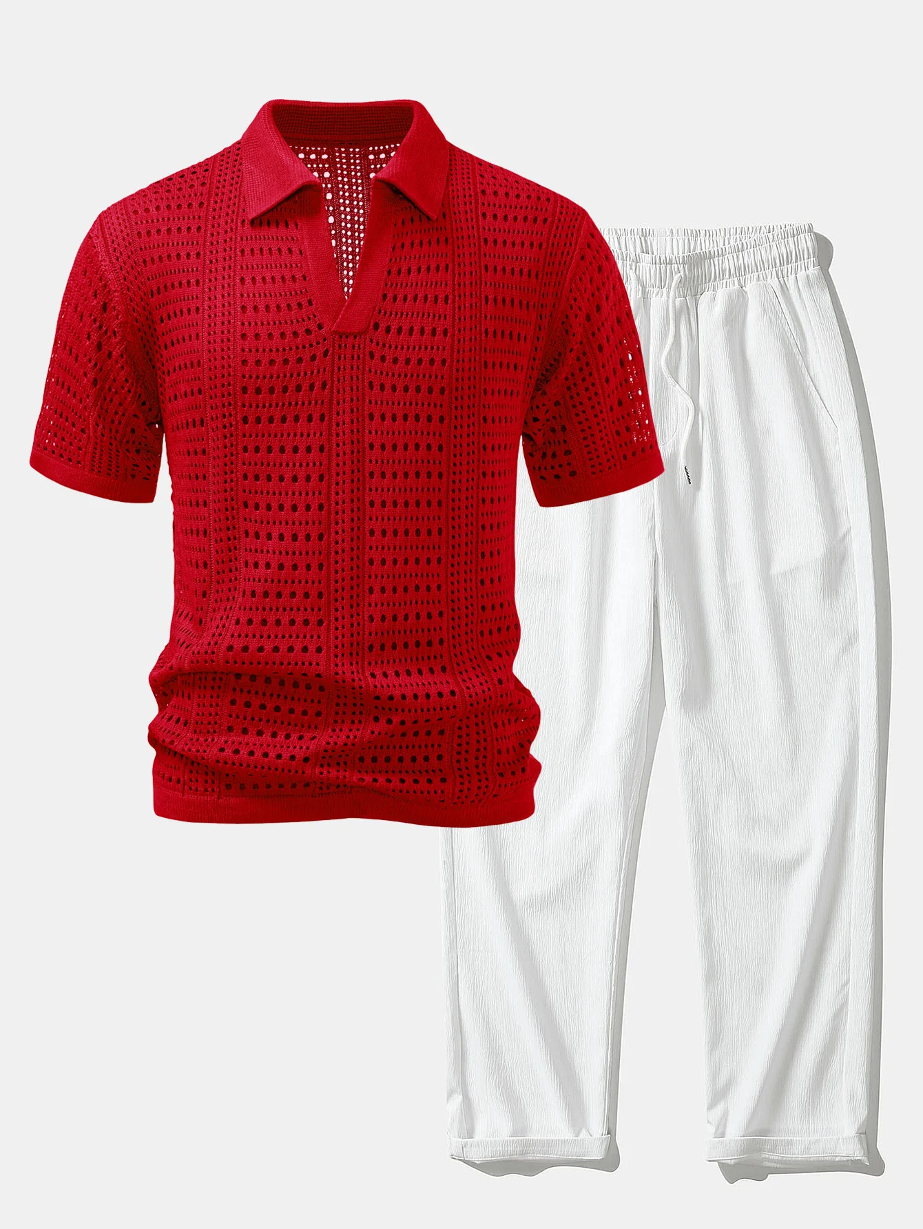 Crochet V Neck Polo Shirt & Crinkle Textured Straight Leg Pants - Image 3
