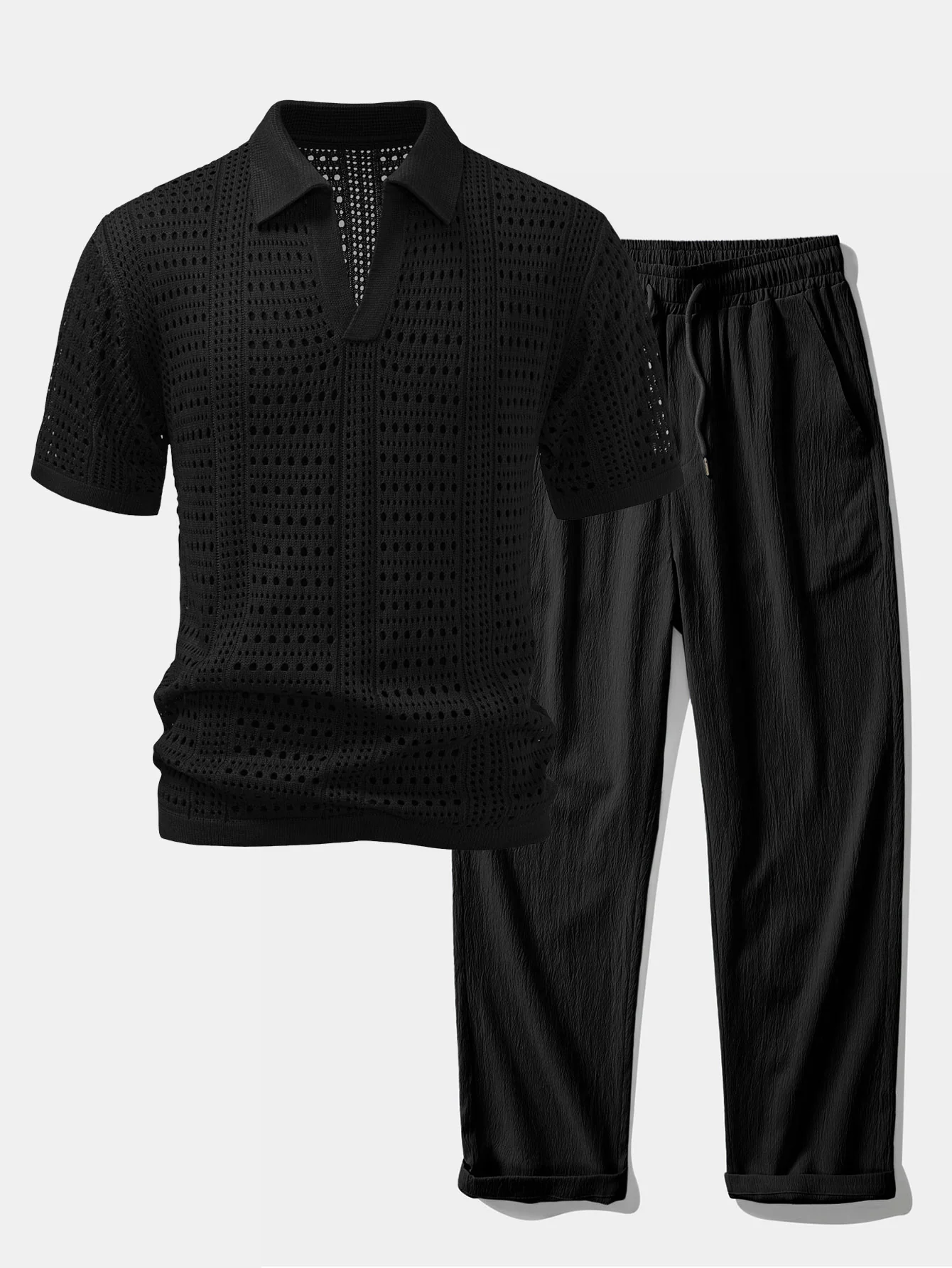 Crochet V Neck Polo Shirt & Crinkle Textured Straight Leg Pants - Image 4