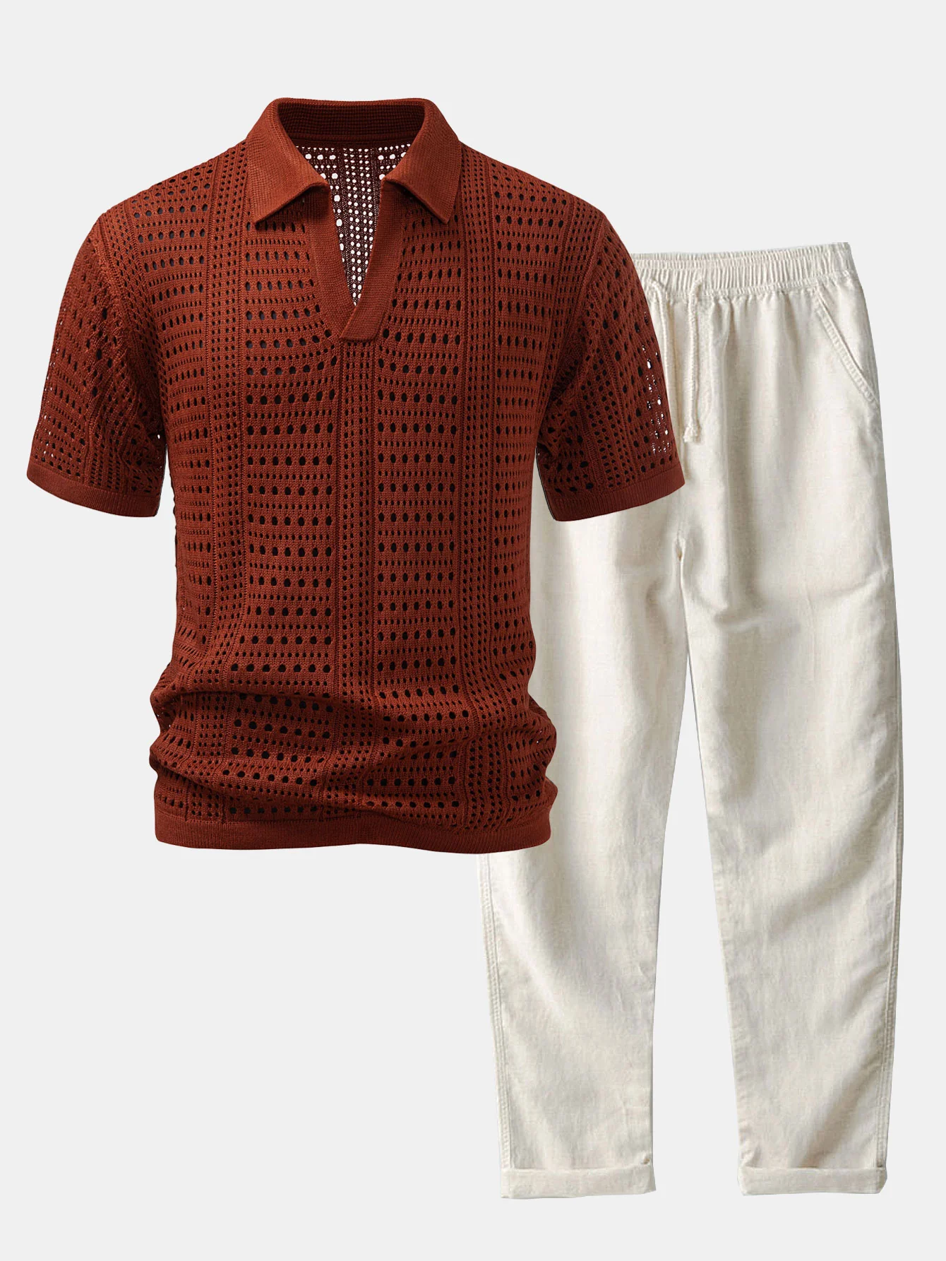 Häkel V-Ausschnitt Poloshirts & Leinenhose mit geradem Bein