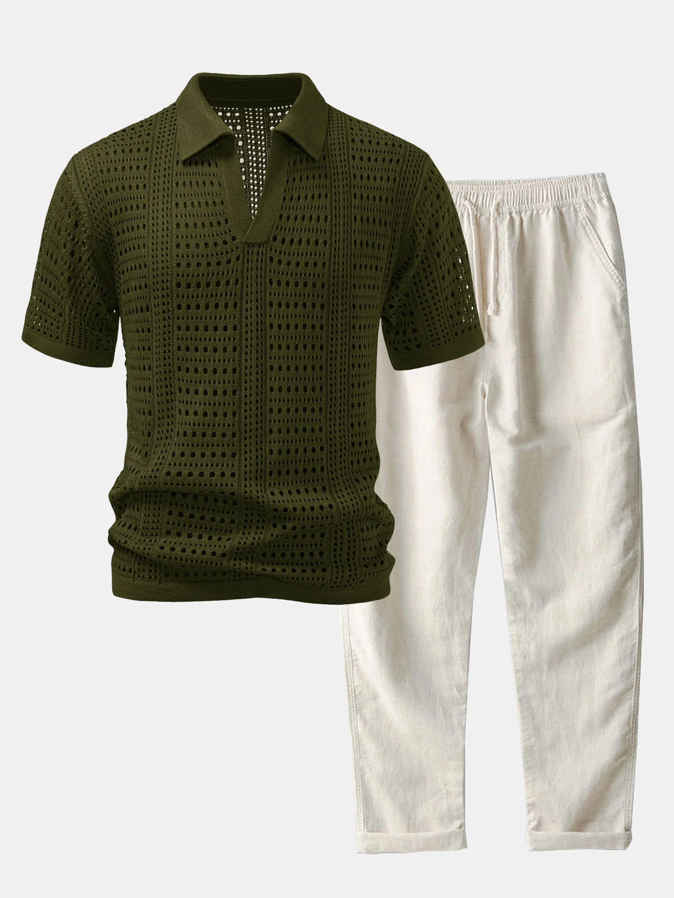 Häkel V-Ausschnitt Poloshirts & Leinenhose mit geradem Bein - Image 2