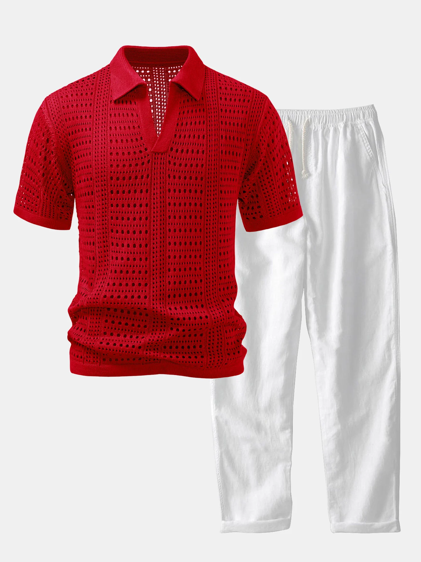 Häkel V-Ausschnitt Poloshirts & Leinenhose mit geradem Bein - Image 3