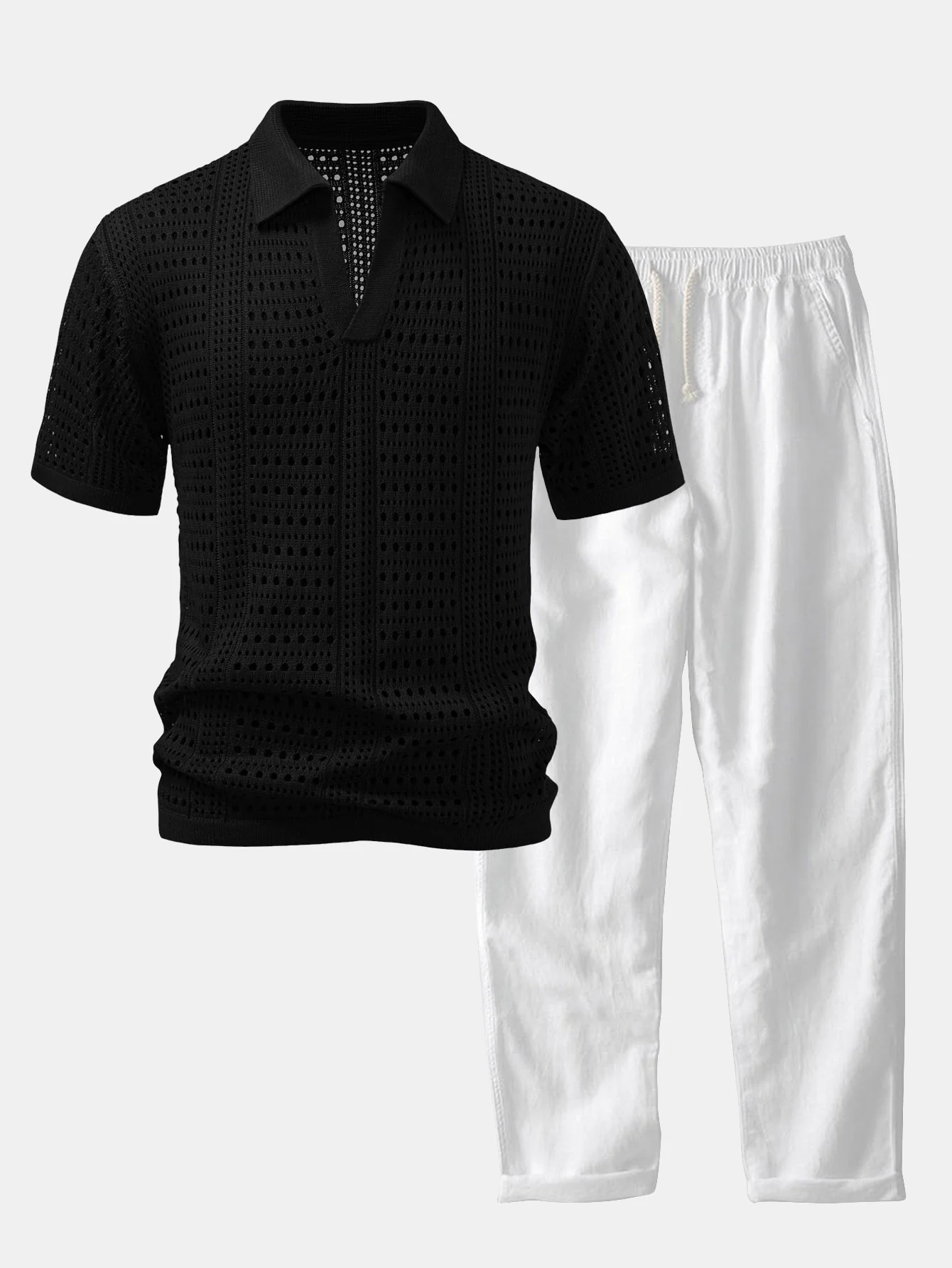 Häkel V-Ausschnitt Poloshirts & Leinenhose mit geradem Bein - Image 4