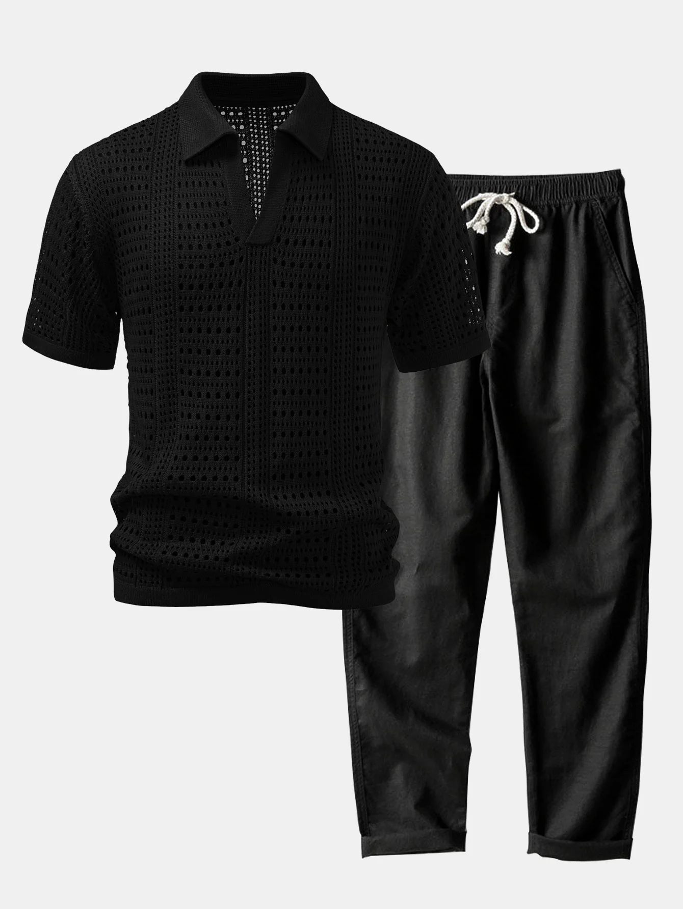 Häkel V-Ausschnitt Poloshirts & Leinenhose mit geradem Bein - Image 5