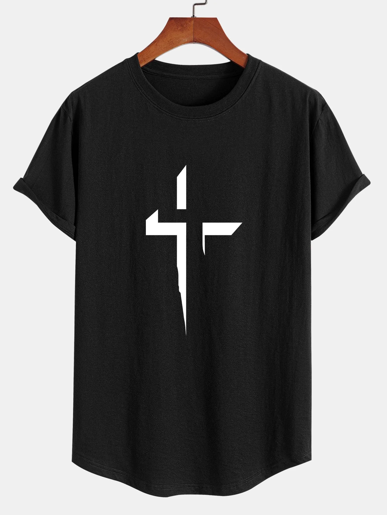 Cross Print Baumwoll T-Shirt mit Bogen-Saum - Image 3