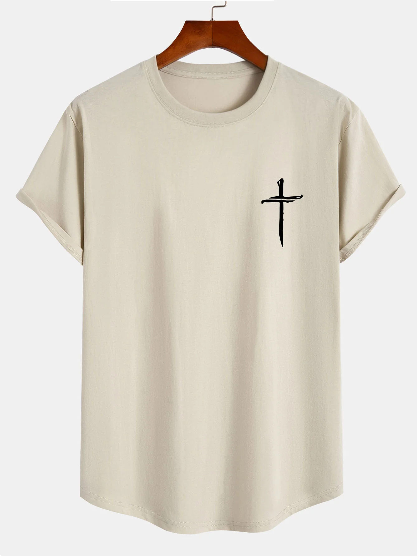 Cross Print Baumwoll T-Shirt mit Bogen-Saum - Image 9