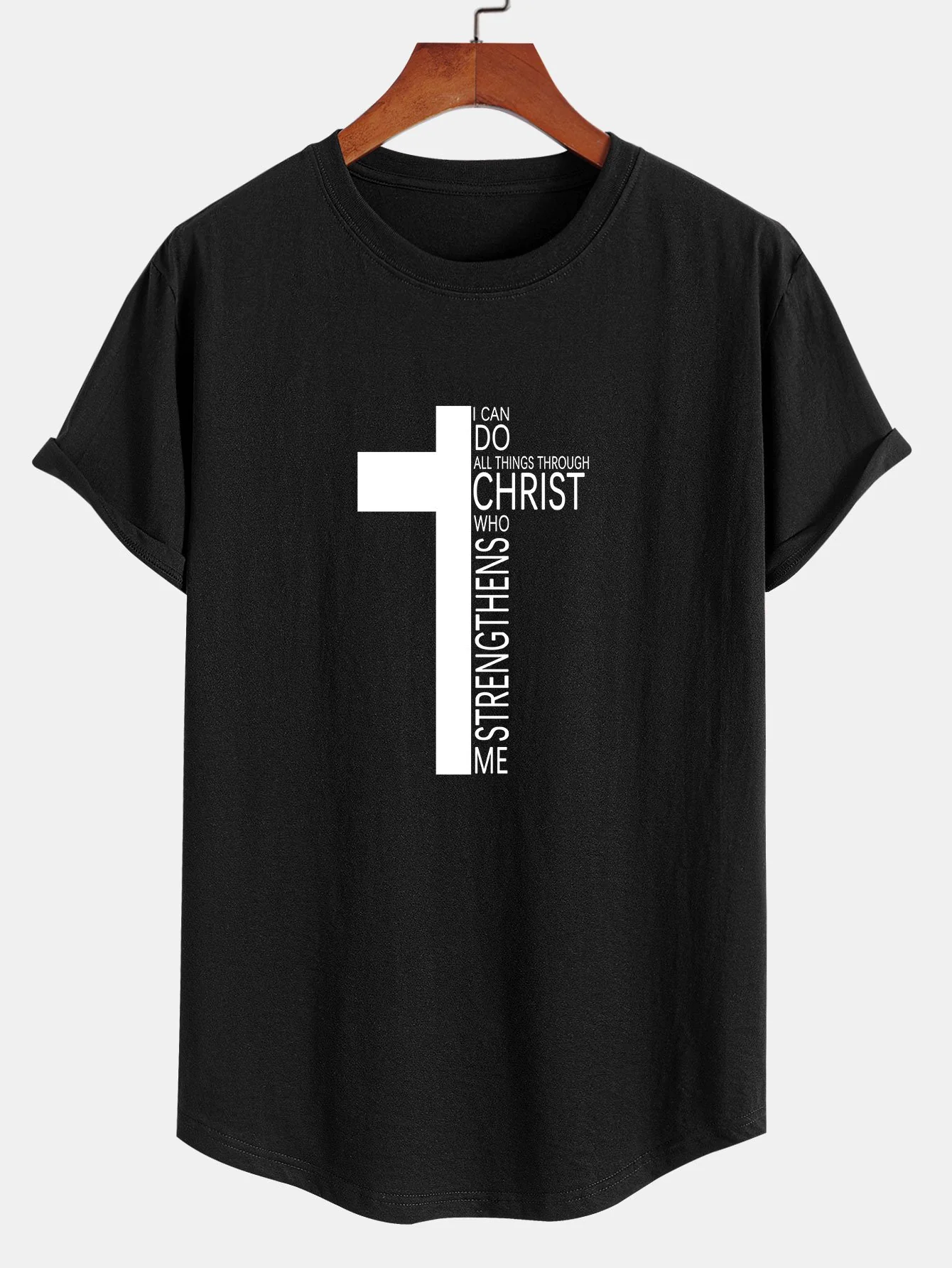 Cross Slogan Druck Baumwolle Bogen Saum T-Shirt